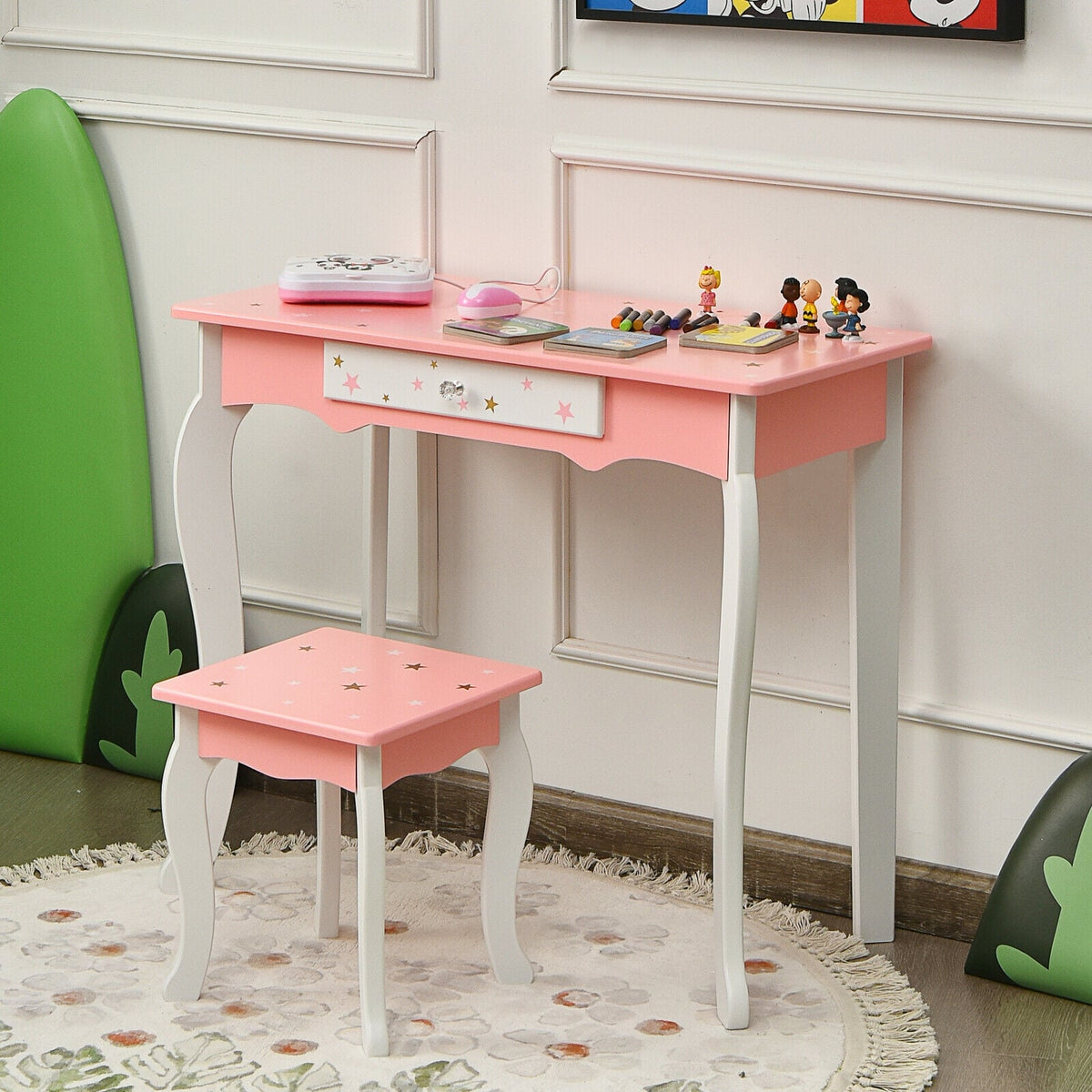 Kids Princess Vanity Table and Stool Set with Tri-folding Mirror and Drawer-Pink-Kids Vanities-DECOROLALA