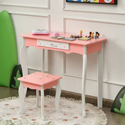 Kids Princess Vanity Table and Stool Set with Tri-folding Mirror and Drawer-Pink-Kids Vanities-DECOROLALA