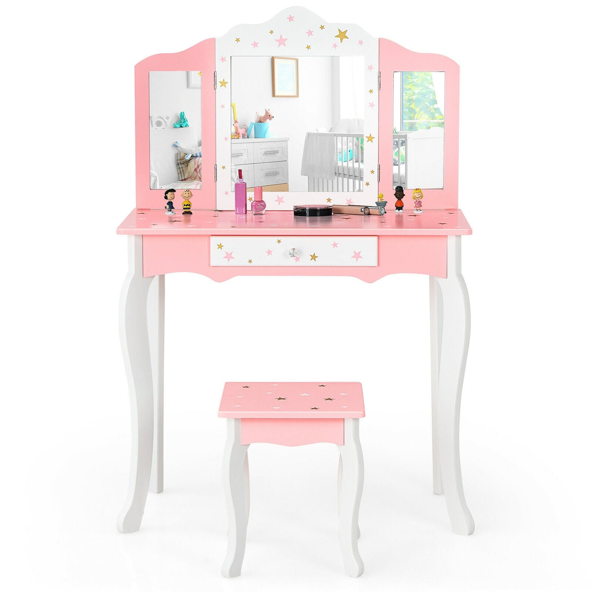 Kids Princess Vanity Table and Stool Set with Tri-folding Mirror and Drawer-Pink-Kids Vanities-DECOROLALA