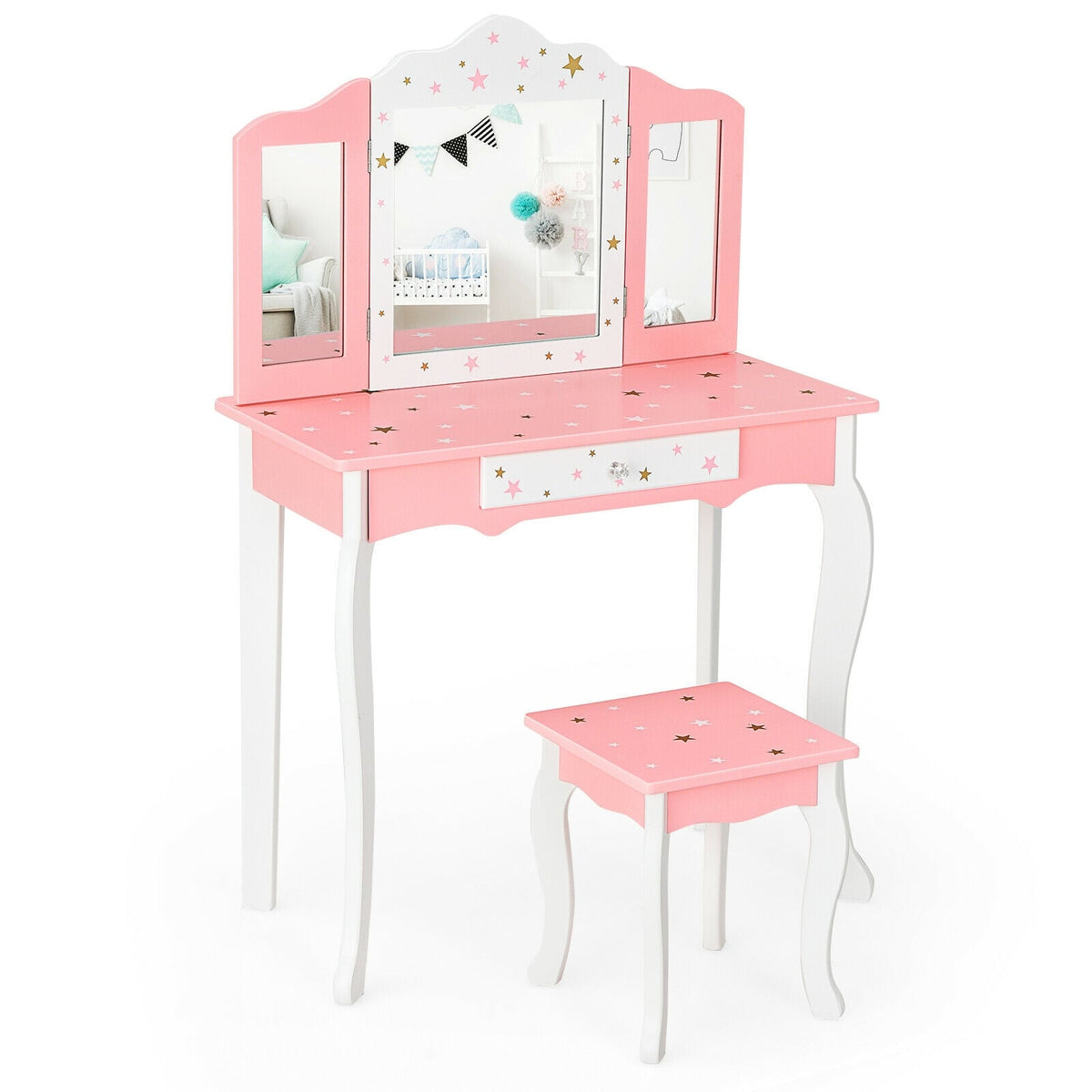 Kids Princess Vanity Table and Stool Set with Tri-folding Mirror and Drawer-Pink-Kids Vanities-DECOROLALA