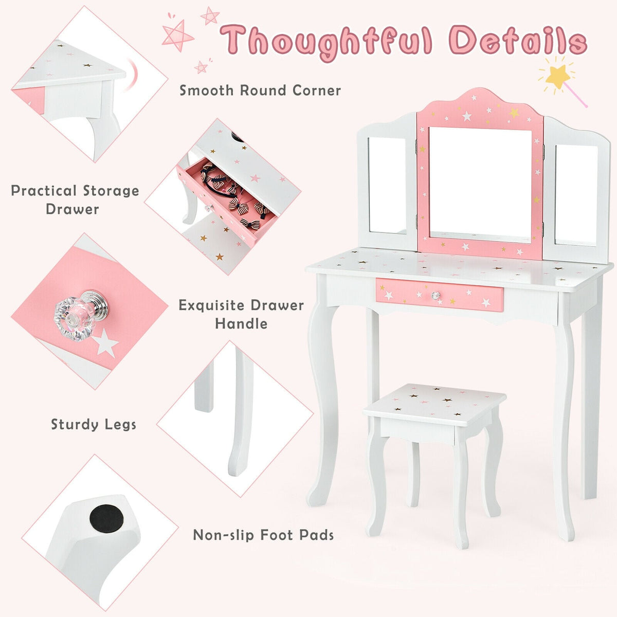 Kids Princess Vanity Table and Stool Set with Tri-folding Mirror and Drawer-White-Kids Makeup Vanities-DECOROLALA