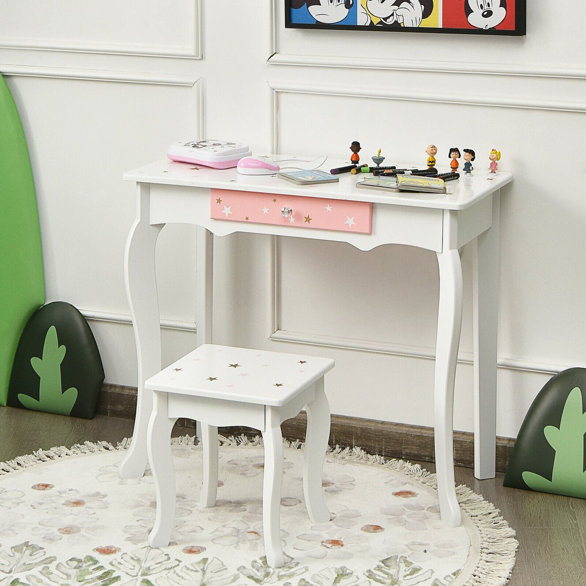 Kids Princess Vanity Table and Stool Set with Tri-folding Mirror and Drawer-White-Kids Makeup Vanities-DECOROLALA