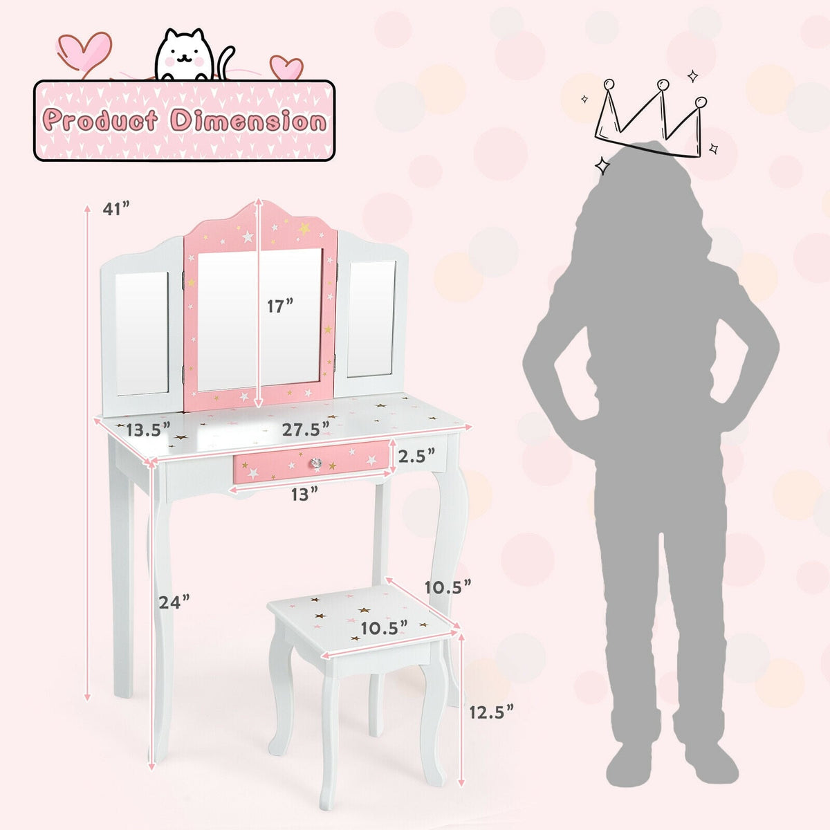Kids Princess Vanity Table and Stool Set with Tri-folding Mirror and Drawer-White-Kids Vanities-DECOROLALA