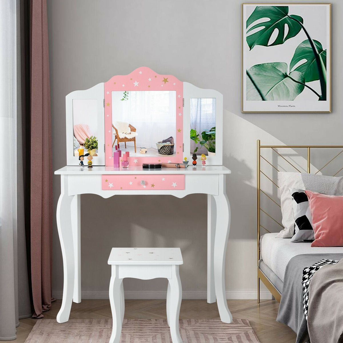 Kids Princess Vanity Table and Stool Set with Tri-folding Mirror and Drawer-White-Kids Vanities-DECOROLALA