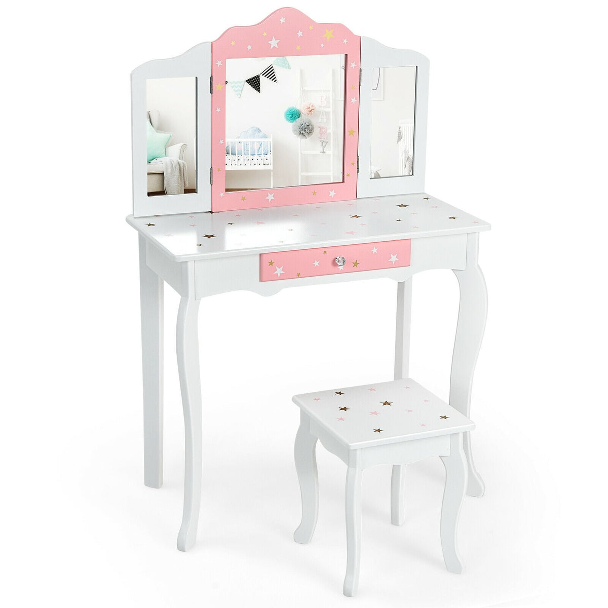 Kids Princess Vanity Table and Stool Set with Tri-folding Mirror and Drawer-White-Kids Vanities-DECOROLALA