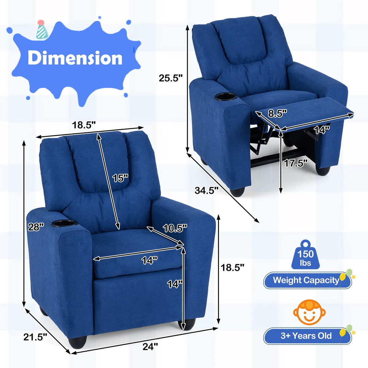 Kids Recliner Chair Push Back Toddler Reclining Armchair with Cup Holder-Blue-Kids Chairs-DECOROLALA