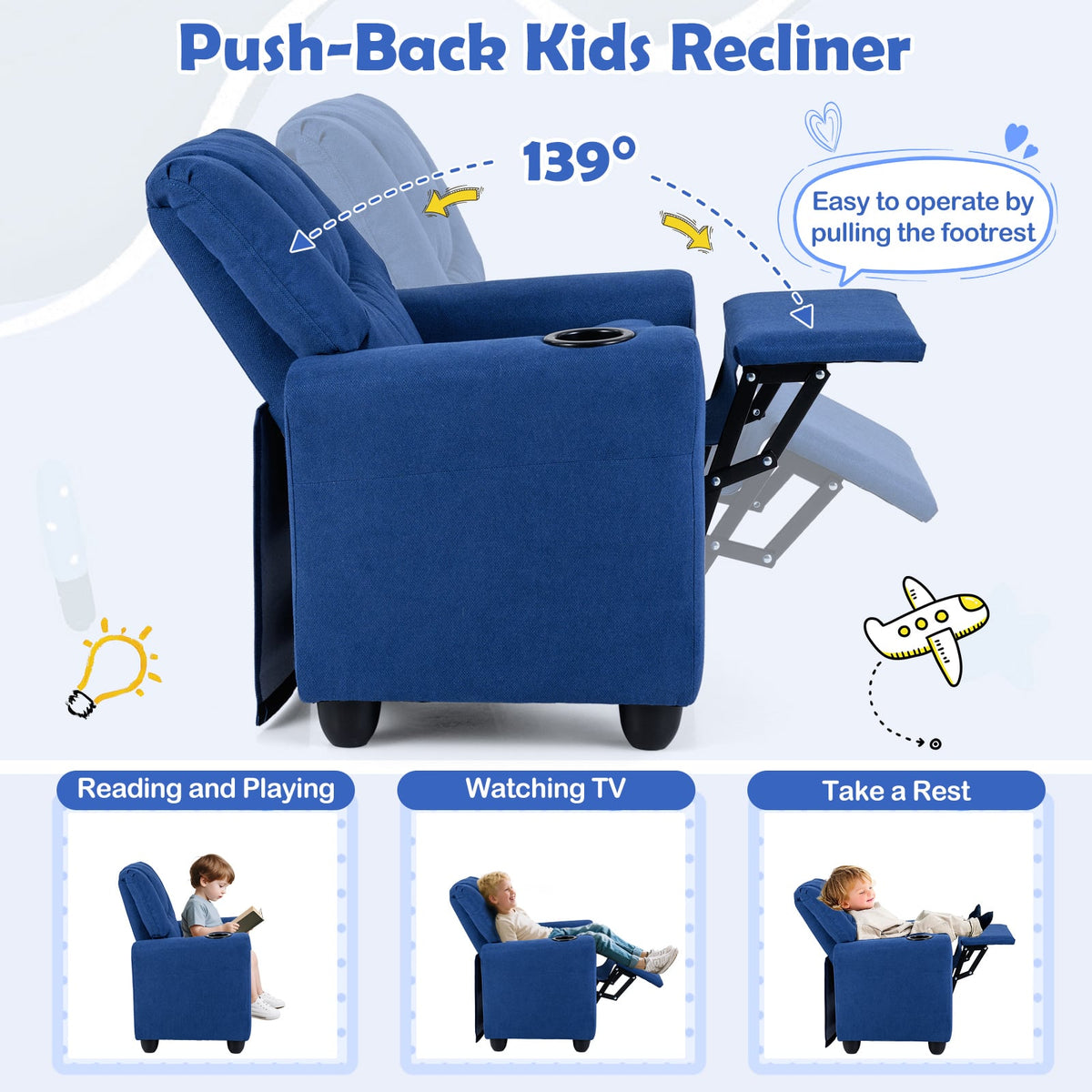 Kids Recliner Chair Push Back Toddler Reclining Armchair with Cup Holder-Blue-Kids Chairs-DECOROLALA