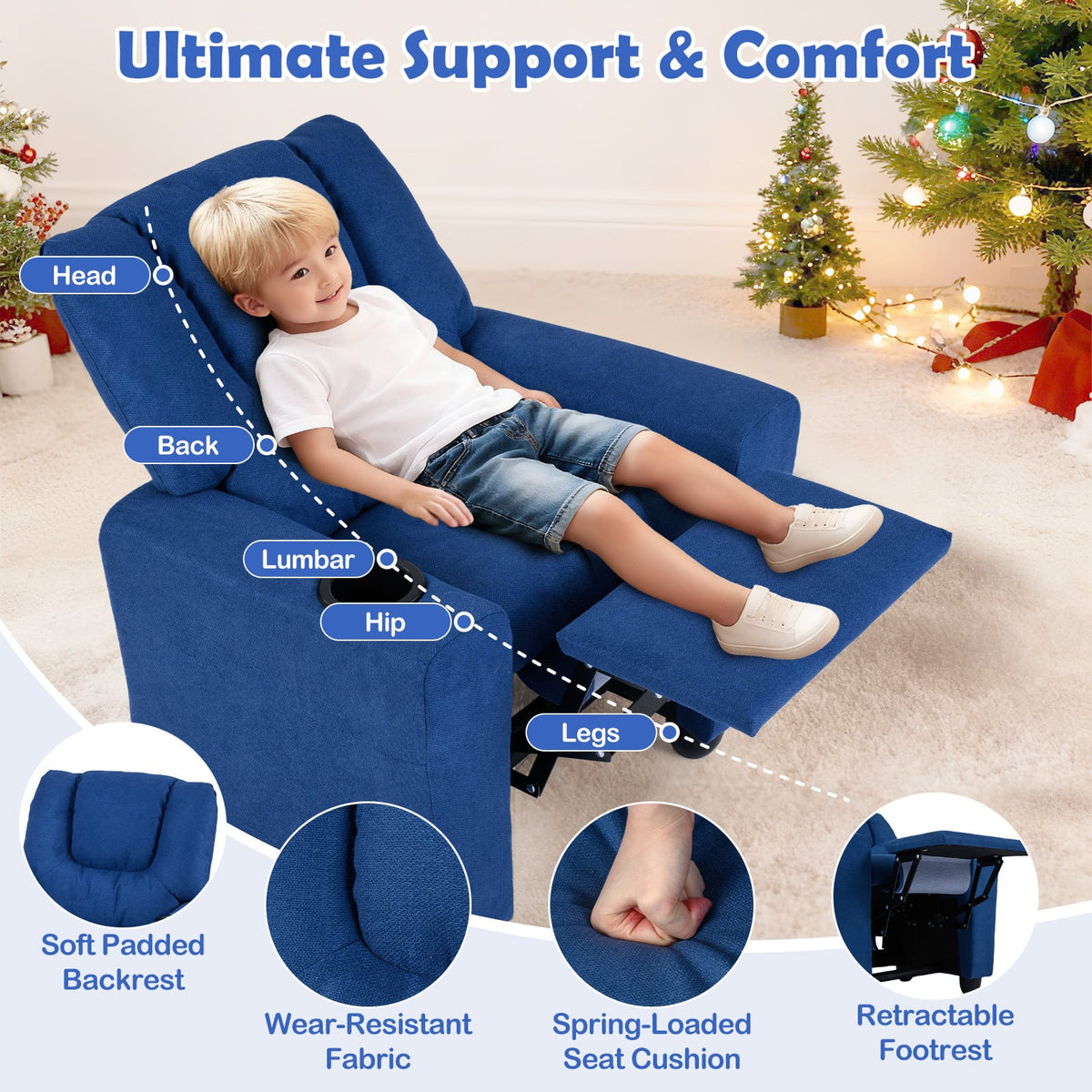 Kids Recliner Chair Push Back Toddler Reclining Armchair with Cup Holder-Blue-Kids Chairs-DECOROLALA