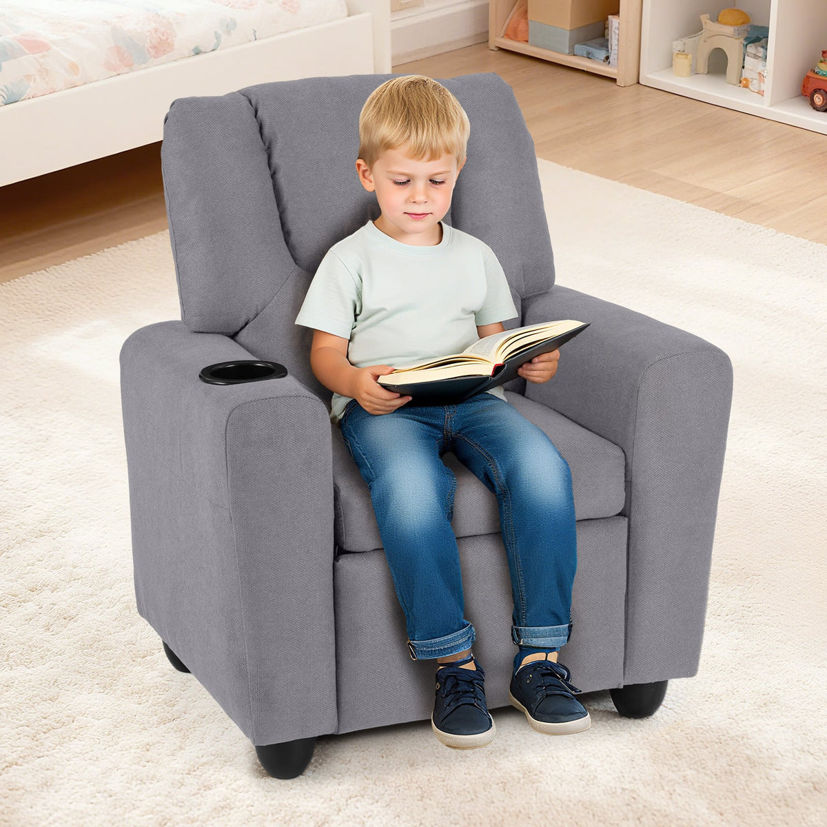 Kids Recliner Chair Push Back Toddler Reclining Armchair with Cup Holder-Grey-Kids Chairs-DECOROLALA