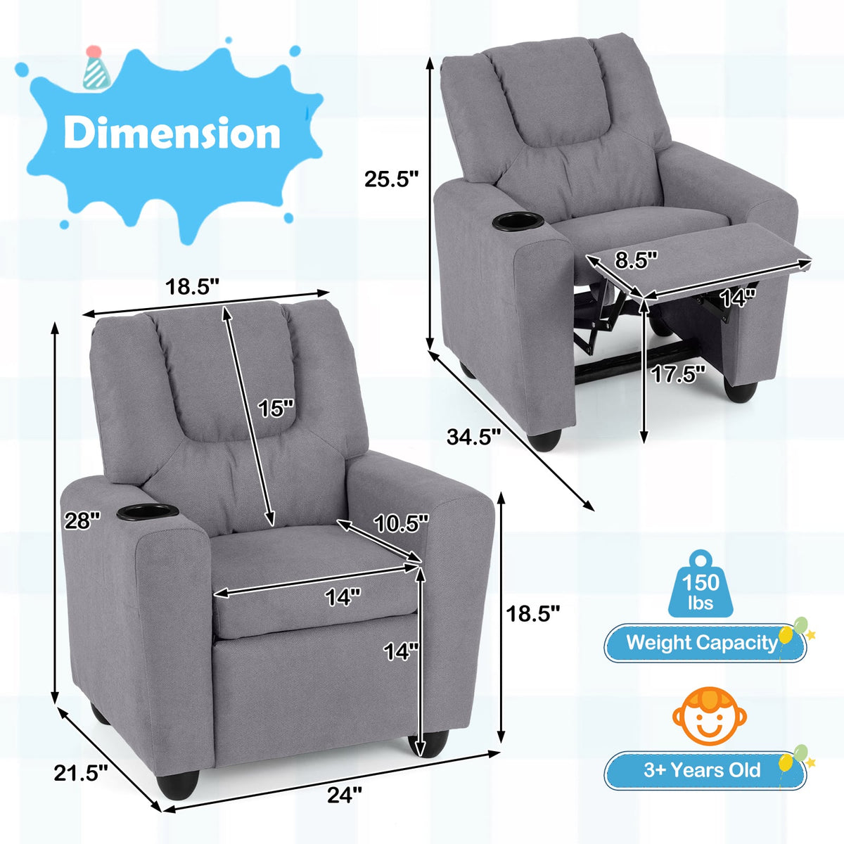 Kids Recliner Chair Push Back Toddler Reclining Armchair with Cup Holder-Grey-Kids Chairs-DECOROLALA