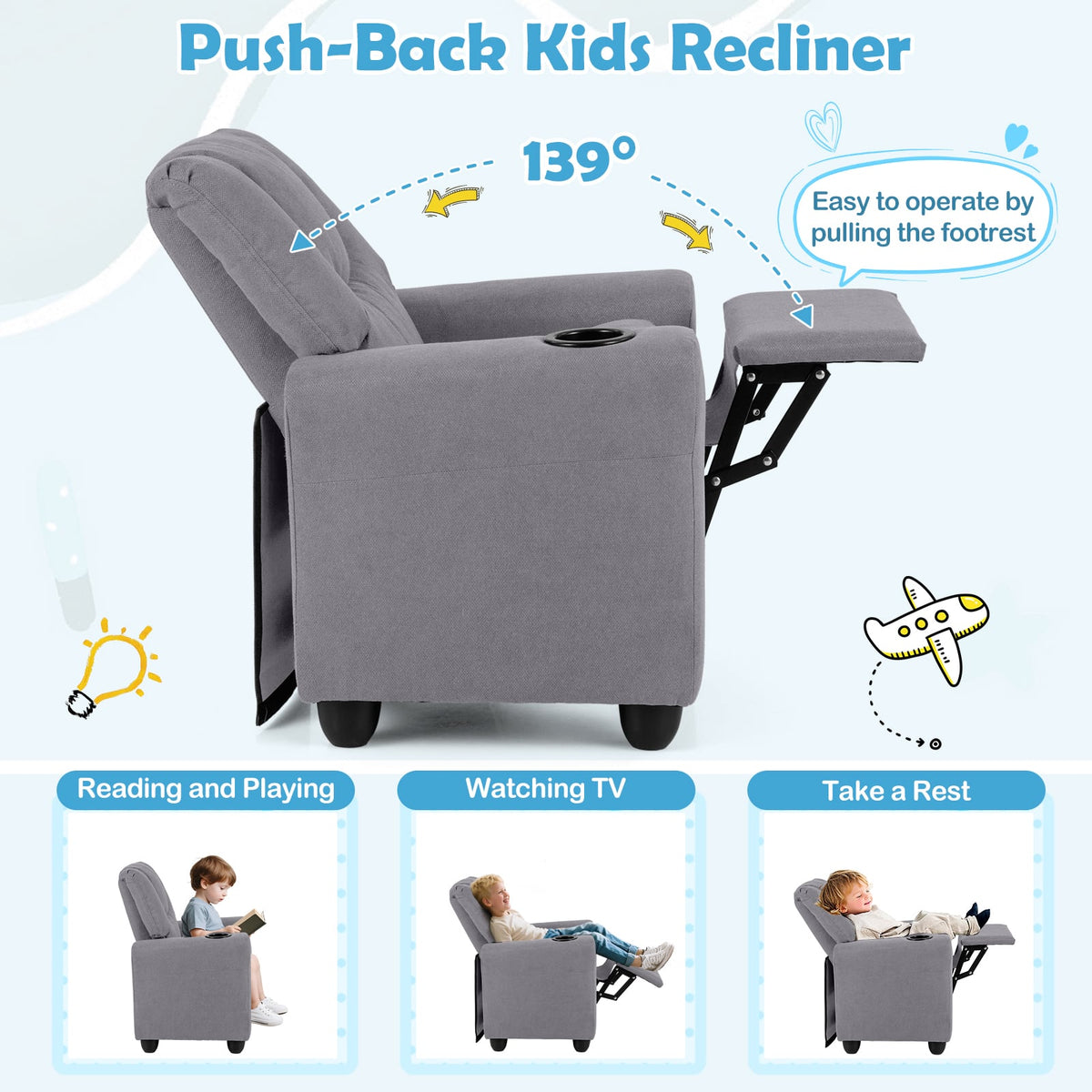 Kids Recliner Chair Push Back Toddler Reclining Armchair with Cup Holder-Grey-Kids Chairs-DECOROLALA