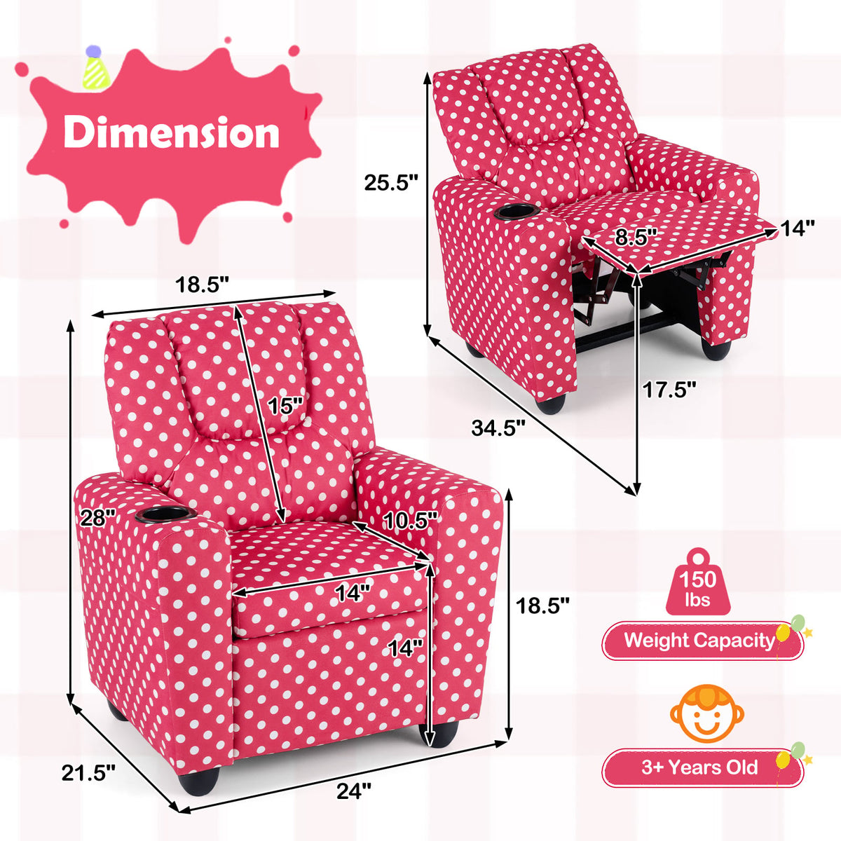 Kids Recliner Chair Push Back Toddler Reclining Armchair with Cup Holder-Red-Kids Chairs-DECOROLALA