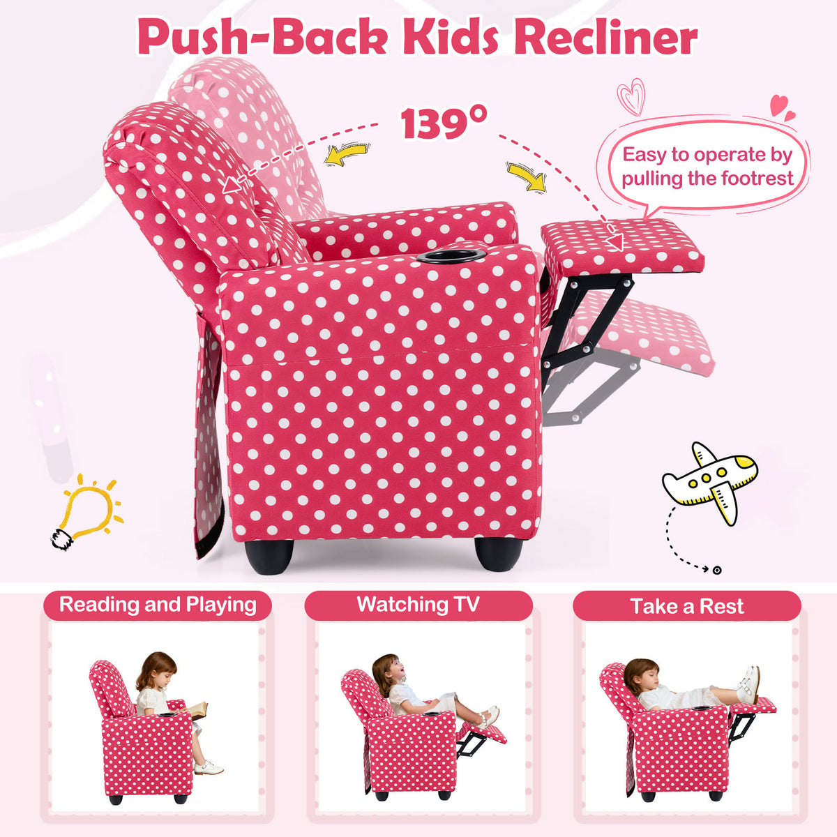 Kids Recliner Chair Push Back Toddler Reclining Armchair with Cup Holder-Red-Kids Chairs-DECOROLALA