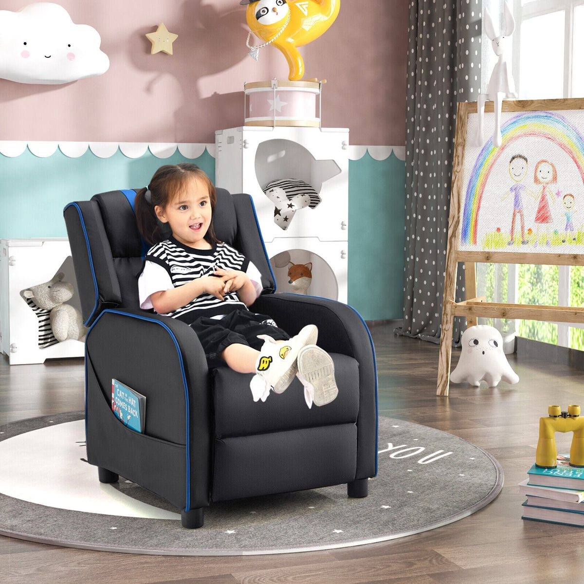 Kids Recliner Chair with Side Pockets and Footrest-Blue-Kids Chairs-DECOROLALA