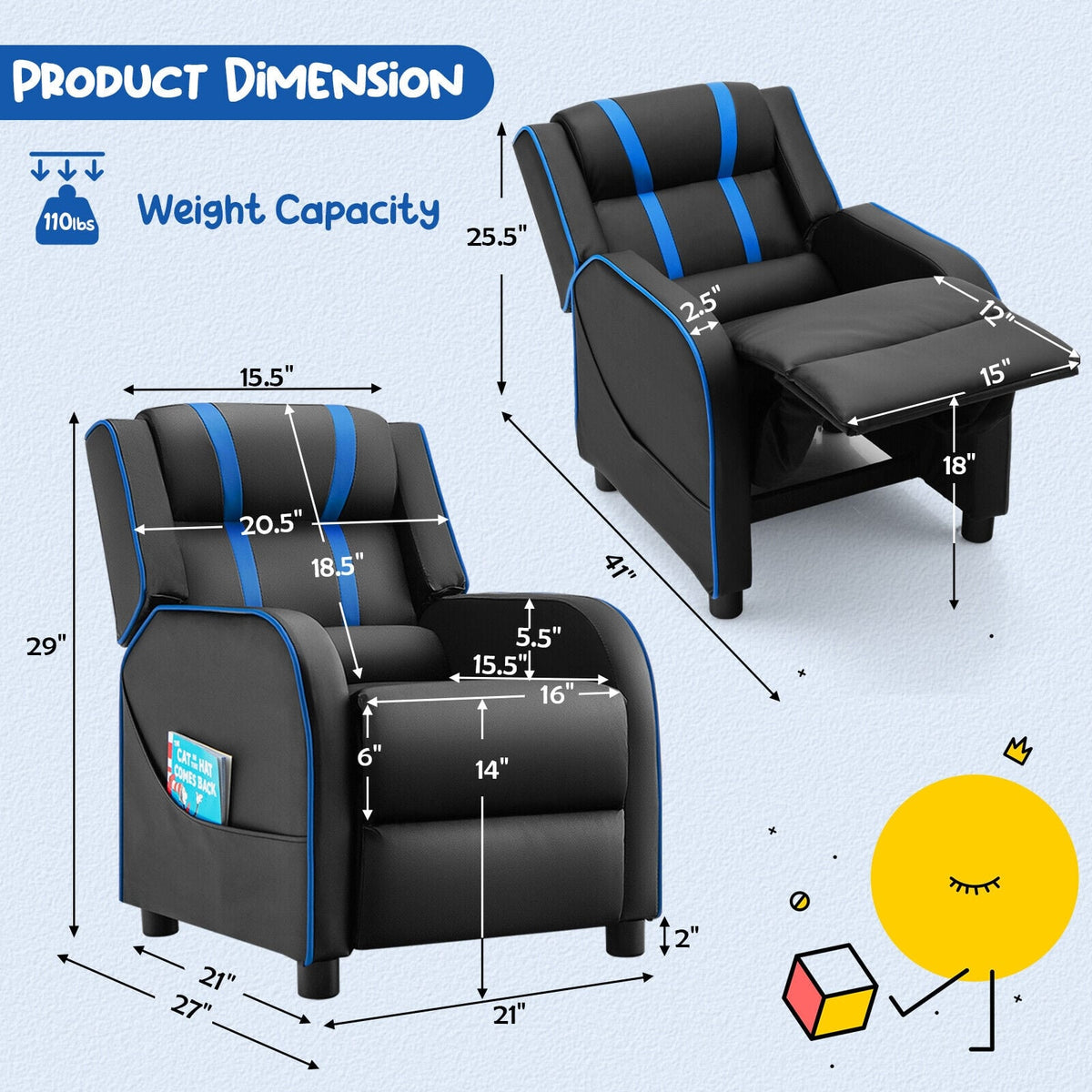 Kids Recliner Chair with Side Pockets and Footrest-Blue-Kids Chairs-DECOROLALA