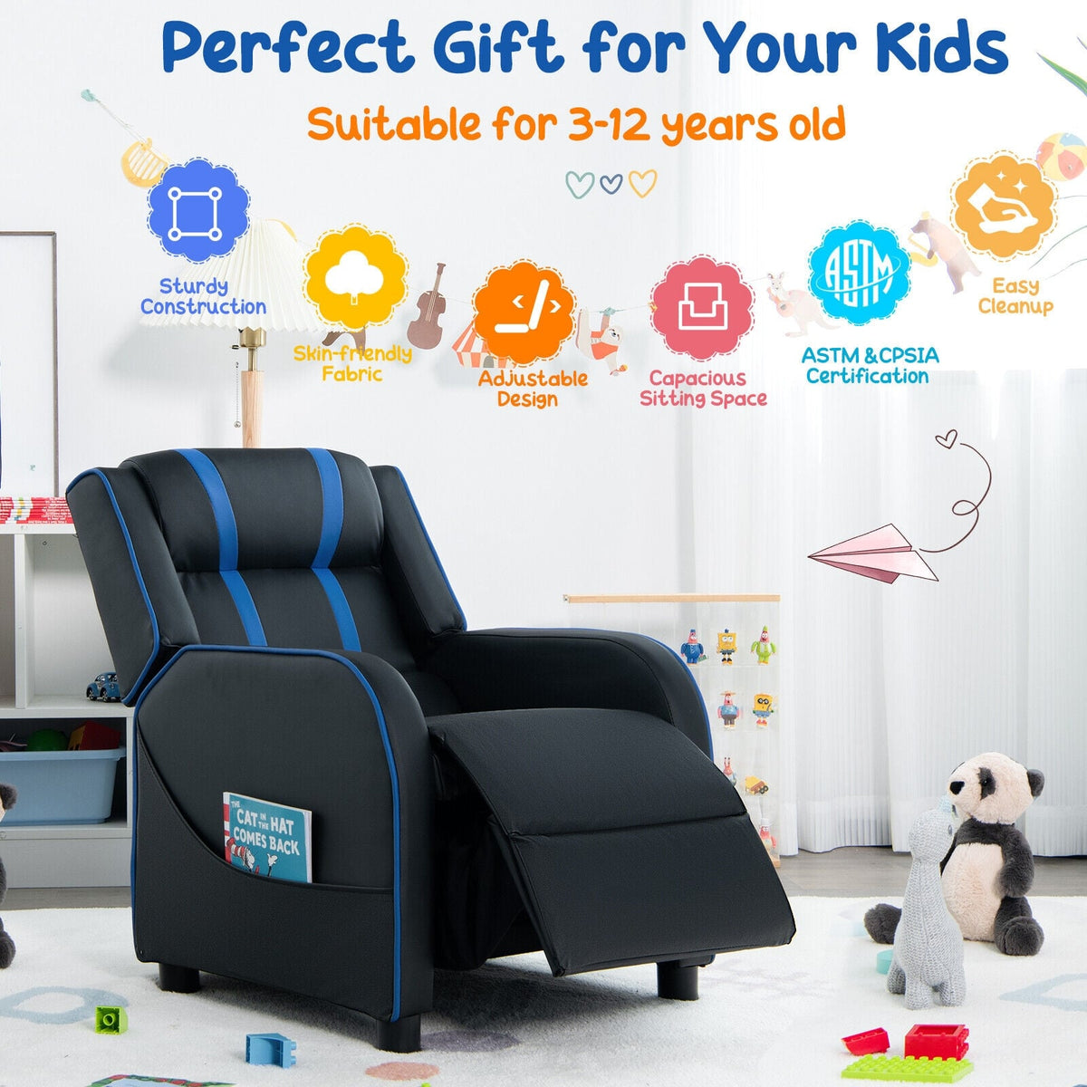 Kids Recliner Chair with Side Pockets and Footrest-Blue-Kids Chairs-DECOROLALA