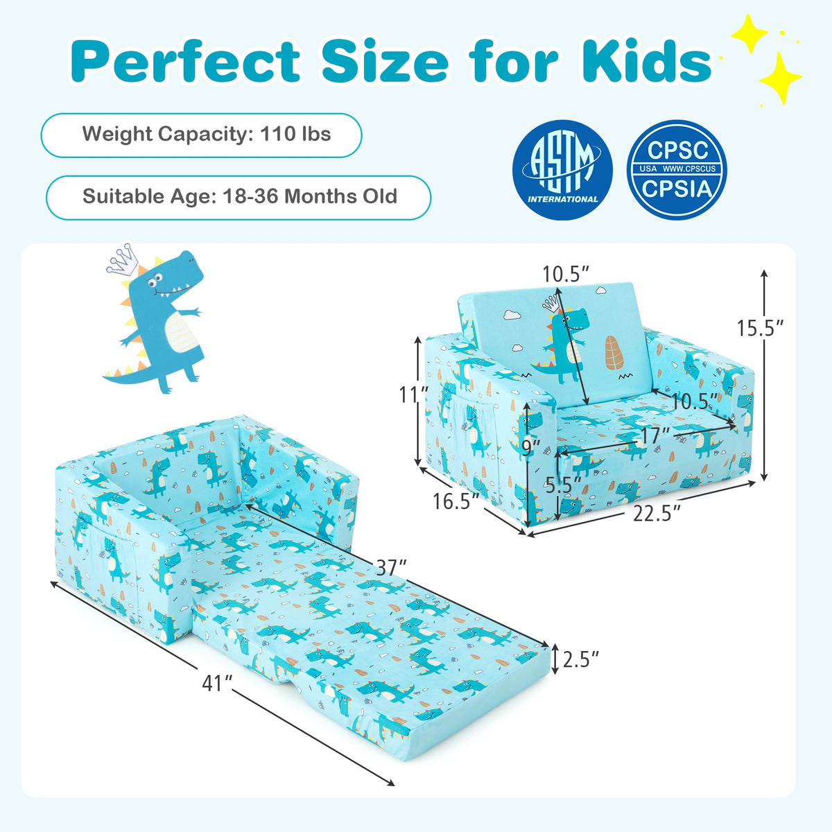 Kids Recliner Sofa Converts to Sleeper Bed for Boys Girls-Blue-Kids Chairs-DECOROLALA