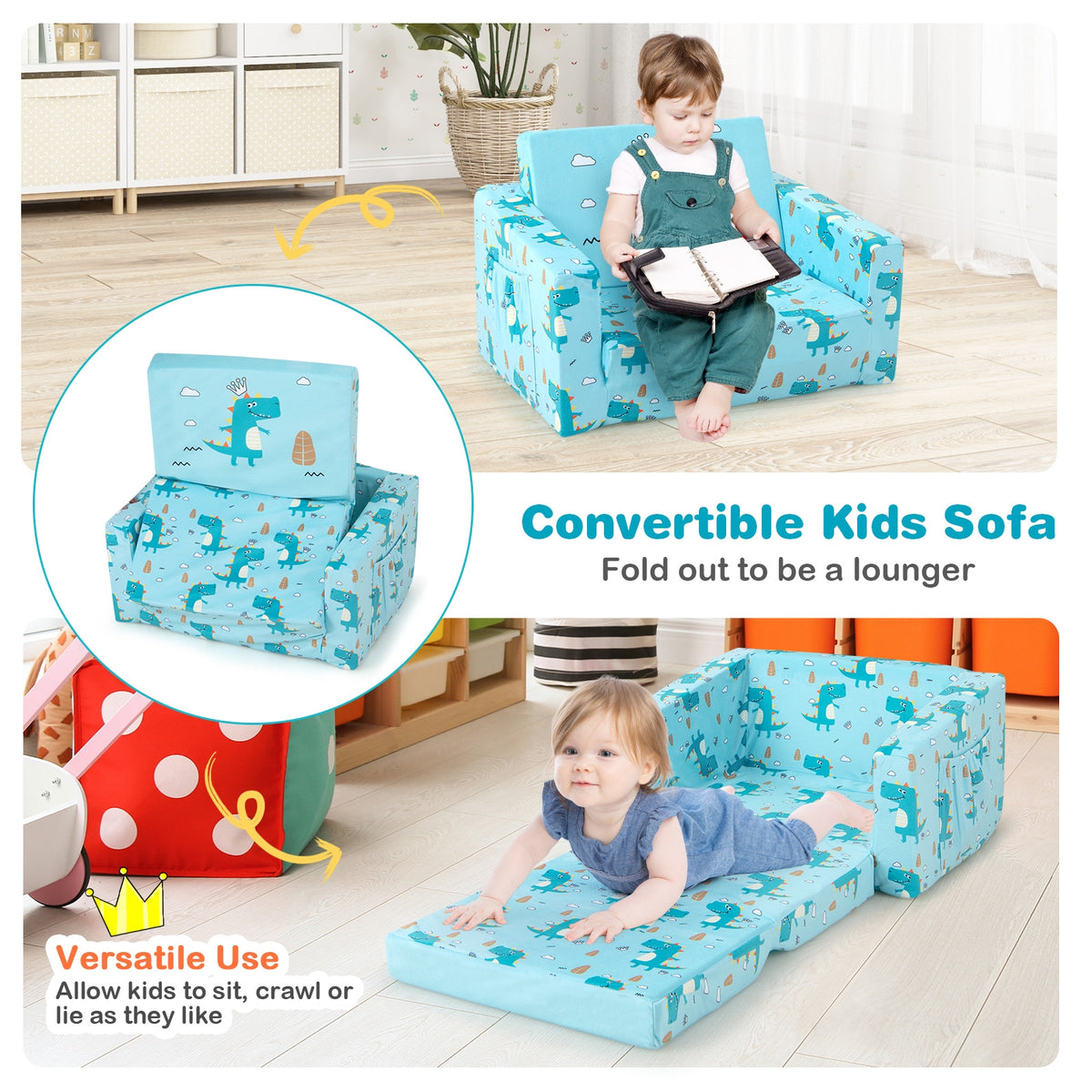 Kids Recliner Sofa Converts to Sleeper Bed for Boys Girls-Blue-Kids Chairs-DECOROLALA