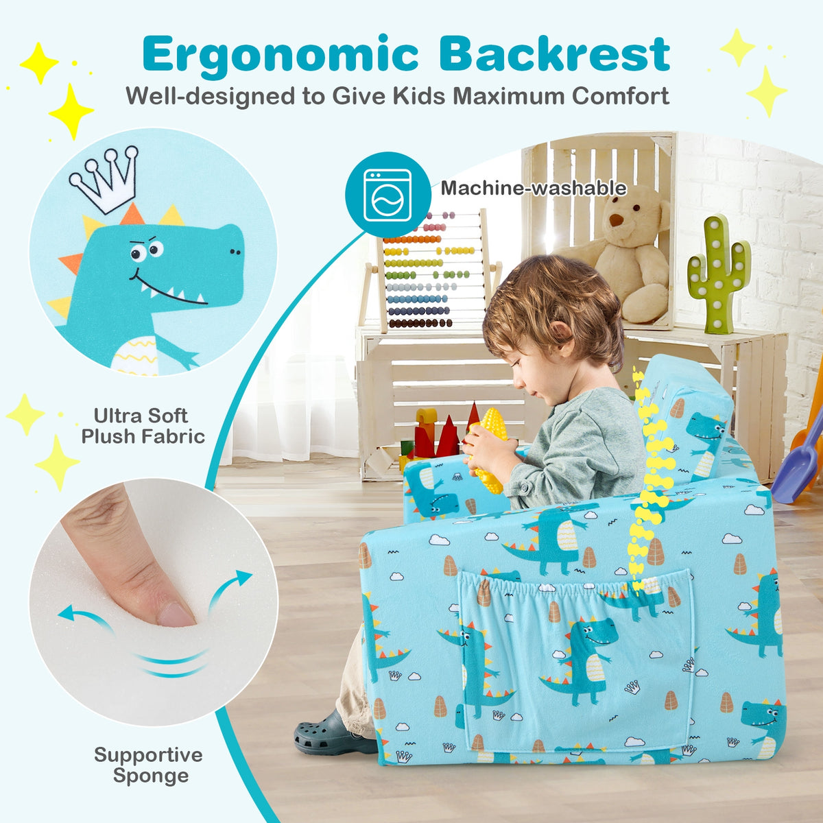 Kids Recliner Sofa Converts to Sleeper Bed for Boys Girls-Blue-Kids Chairs-DECOROLALA