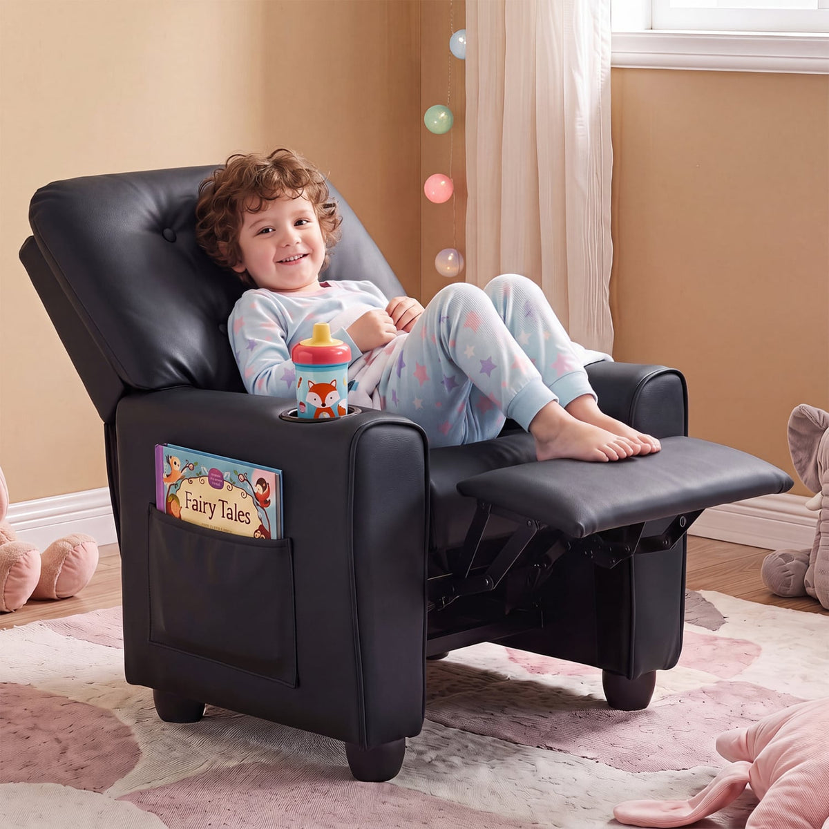 Kids Recliner with Cup Holder & Armrests and Adjustable Backrest Footrest-Black-Kids Chairs-DECOROLALA