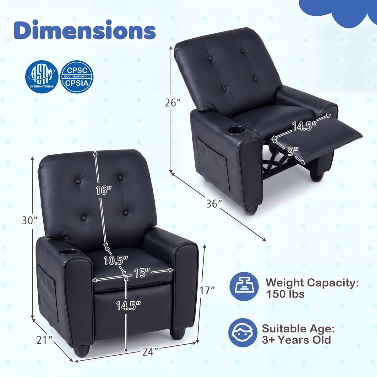 Kids Recliner with Cup Holder & Armrests and Adjustable Backrest Footrest-Black-Kids Chairs-DECOROLALA