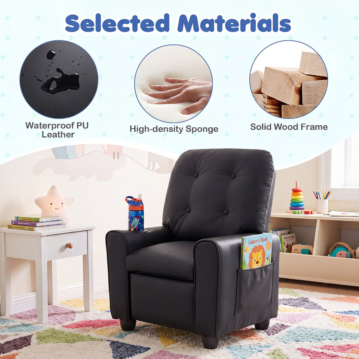 Kids Recliner with Cup Holder & Armrests and Adjustable Backrest Footrest-Black-Kids Chairs-DECOROLALA