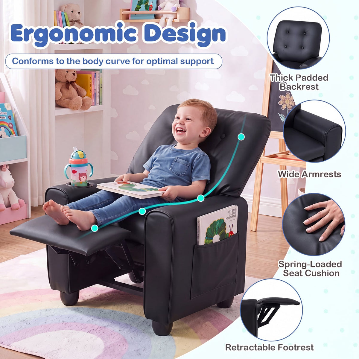 Kids Recliner with Cup Holder & Armrests and Adjustable Backrest Footrest-Black-Kids Chairs-DECOROLALA
