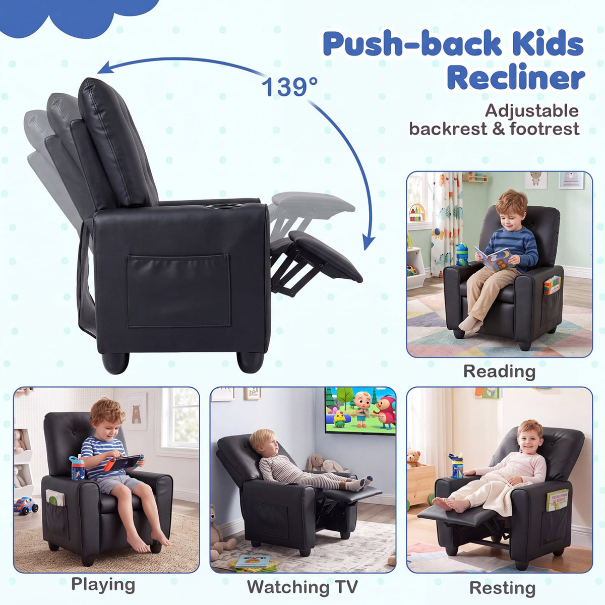 Kids Recliner with Cup Holder & Armrests and Adjustable Backrest Footrest-Black-Kids Chairs-DECOROLALA