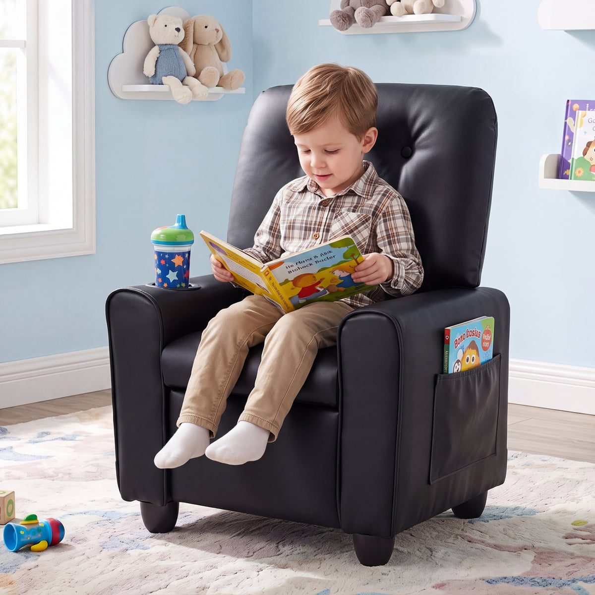 Kids Recliner with Cup Holder & Armrests and Adjustable Backrest Footrest-Black-Kids Chairs-DECOROLALA