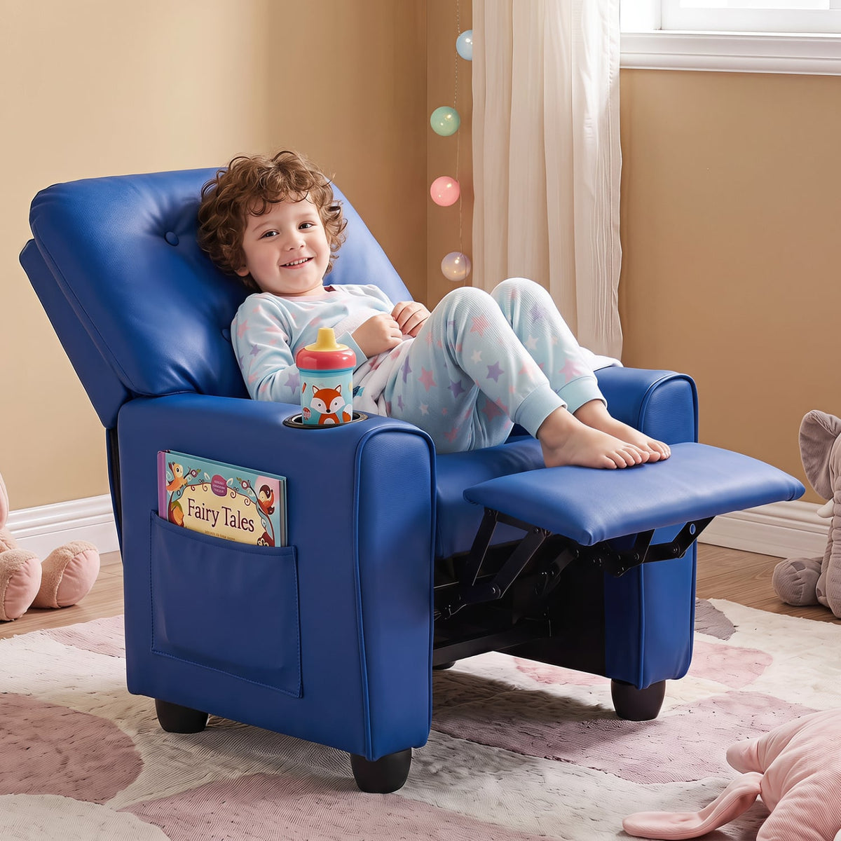 Kids Recliner with Cup Holder & Armrests and Adjustable Backrest Footrest-Blue-Kids Chairs-DECOROLALA