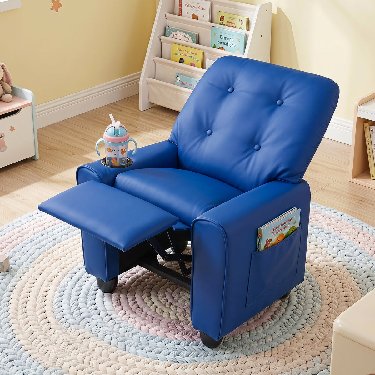 Kids Recliner with Cup Holder & Armrests and Adjustable Backrest Footrest-Blue-Kids Chairs-DECOROLALA