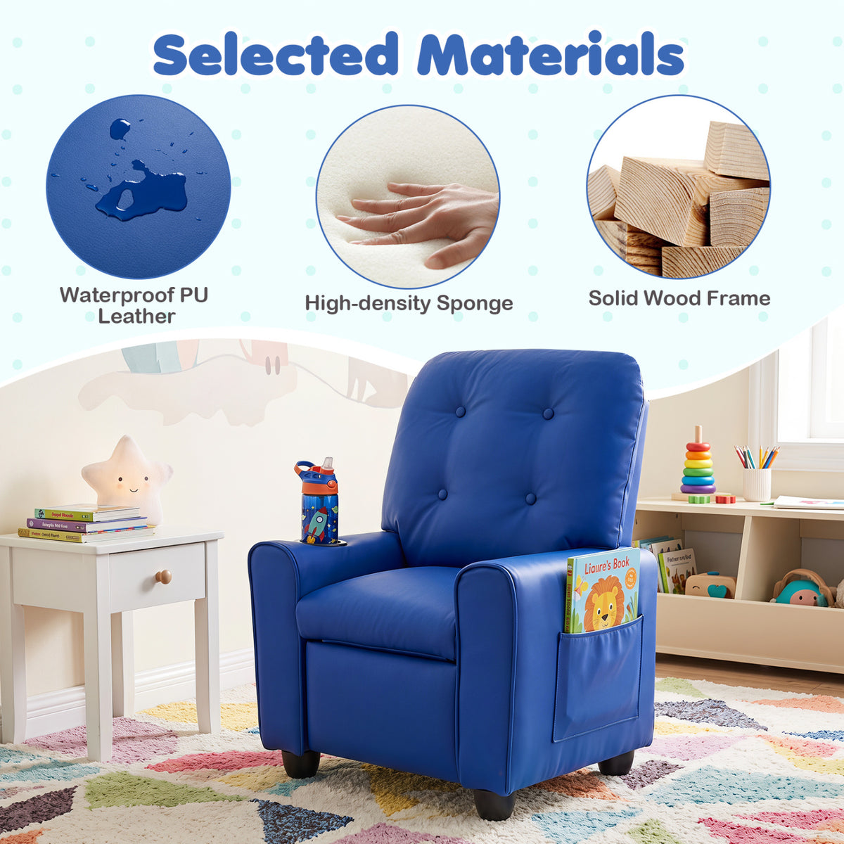 Kids Recliner with Cup Holder & Armrests and Adjustable Backrest Footrest-Blue-Kids Chairs-DECOROLALA