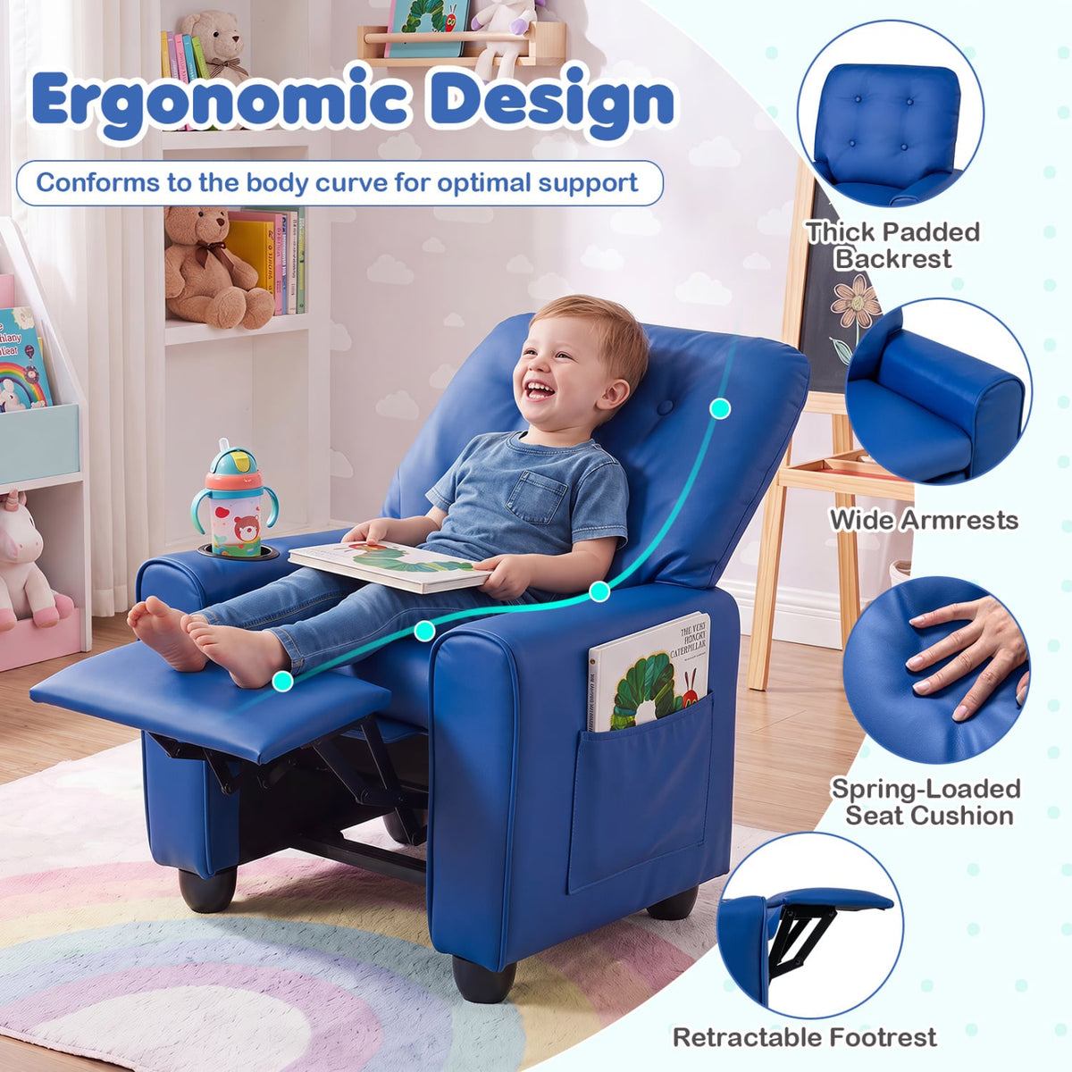 Kids Recliner with Cup Holder & Armrests and Adjustable Backrest Footrest-Blue-Kids Chairs-DECOROLALA