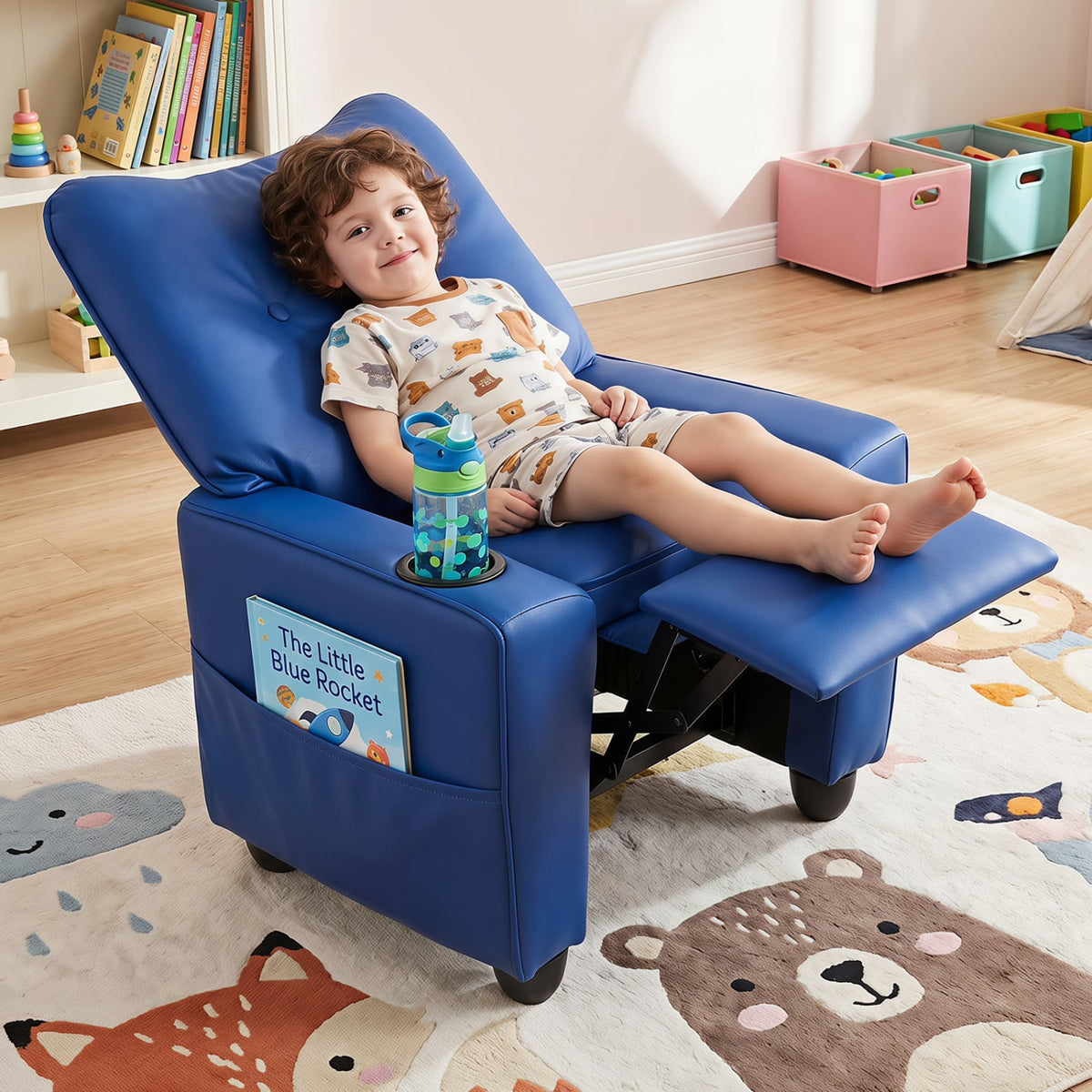 Kids Recliner with Cup Holder & Armrests and Adjustable Backrest for Playroom-Blue-Kids Chairs-DECOROLALA