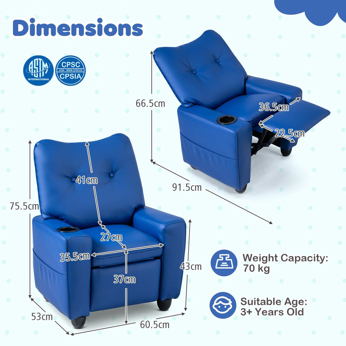 Kids Recliner with Cup Holder & Armrests and Adjustable Backrest for Playroom-Blue-Kids Chairs-DECOROLALA
