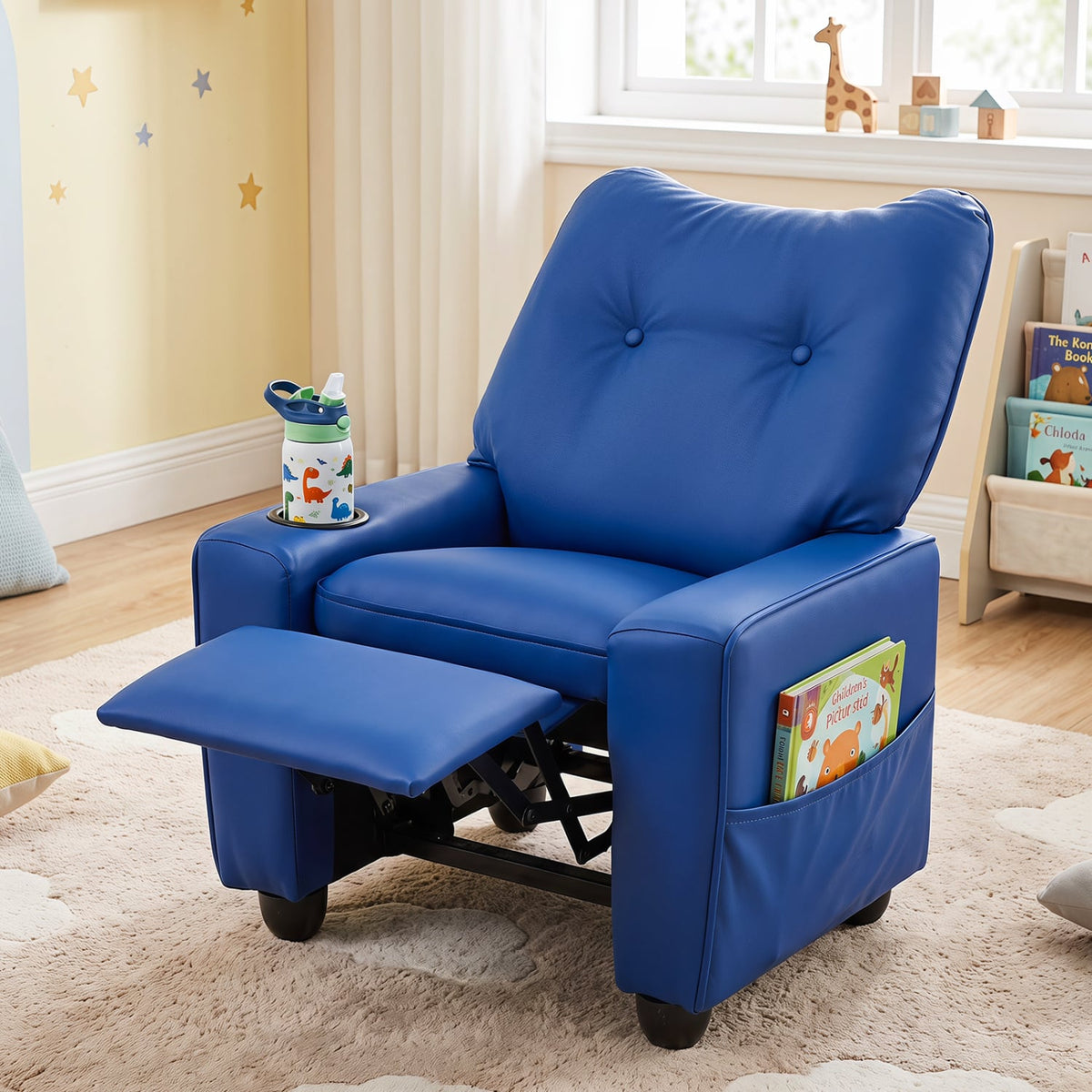 Kids Recliner with Cup Holder & Armrests and Adjustable Backrest for Playroom-Blue-Kids Chairs-DECOROLALA