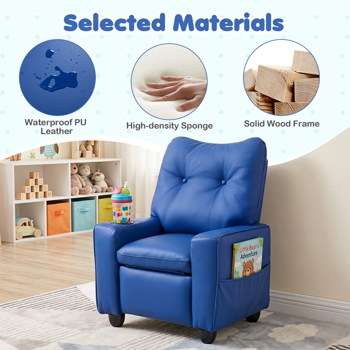Kids Recliner with Cup Holder & Armrests and Adjustable Backrest for Playroom-Blue-Kids Chairs-DECOROLALA