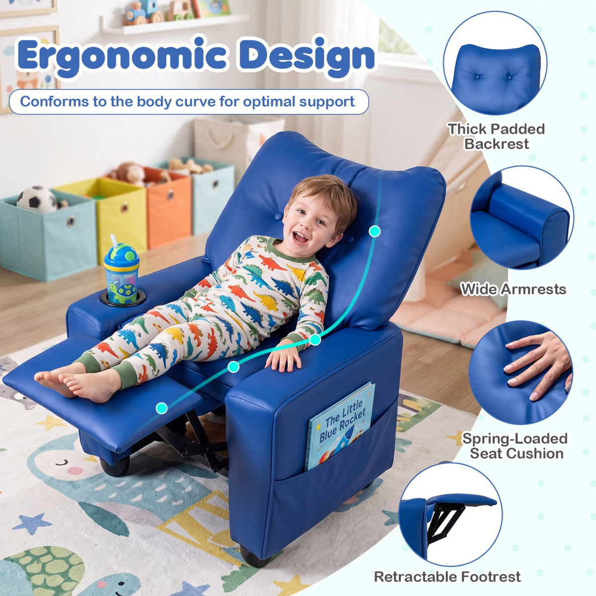 Kids Recliner with Cup Holder & Armrests and Adjustable Backrest for Playroom-Blue-Kids Chairs-DECOROLALA