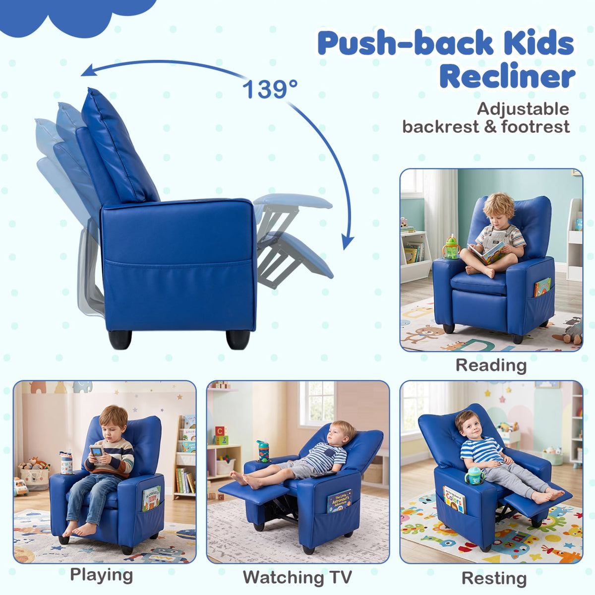 Kids Recliner with Cup Holder & Armrests and Adjustable Backrest for Playroom-Blue-Kids Chairs-DECOROLALA