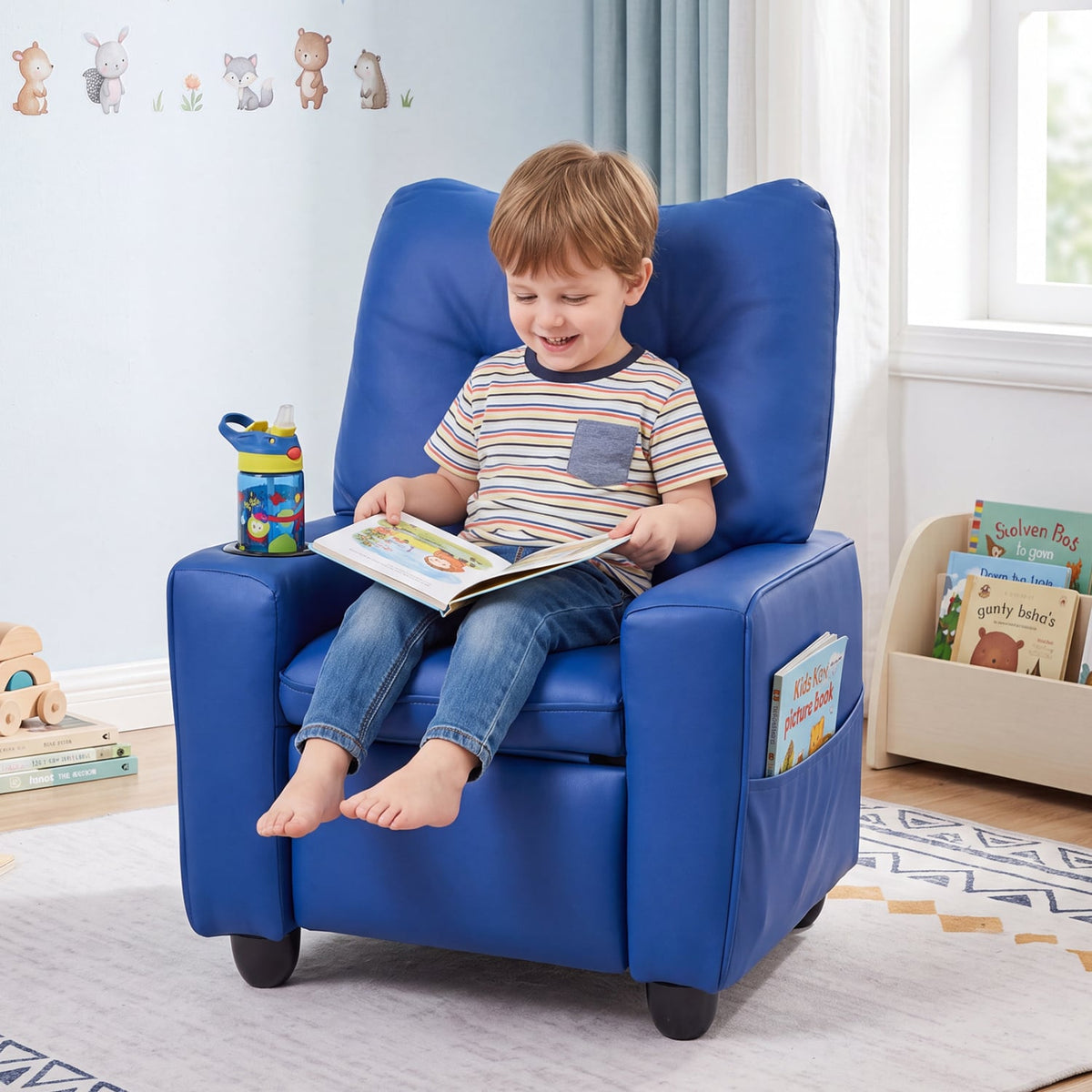 Kids Recliner with Cup Holder & Armrests and Adjustable Backrest for Playroom-Blue-Kids Chairs-DECOROLALA