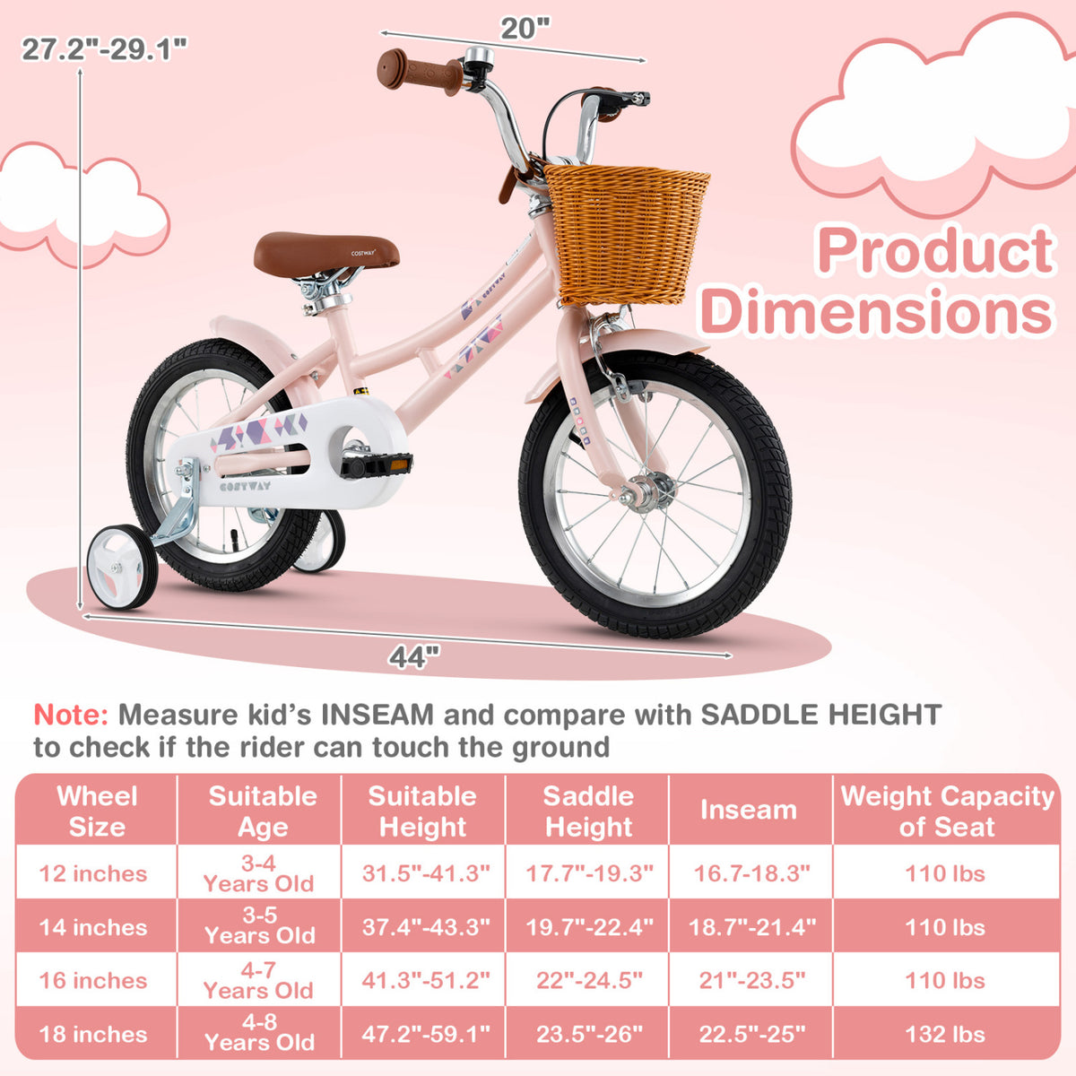 Kids Retro Bicycle with Training Wheels, Basket, and Adjustable Seat-Kids Bike-DECOROLALA