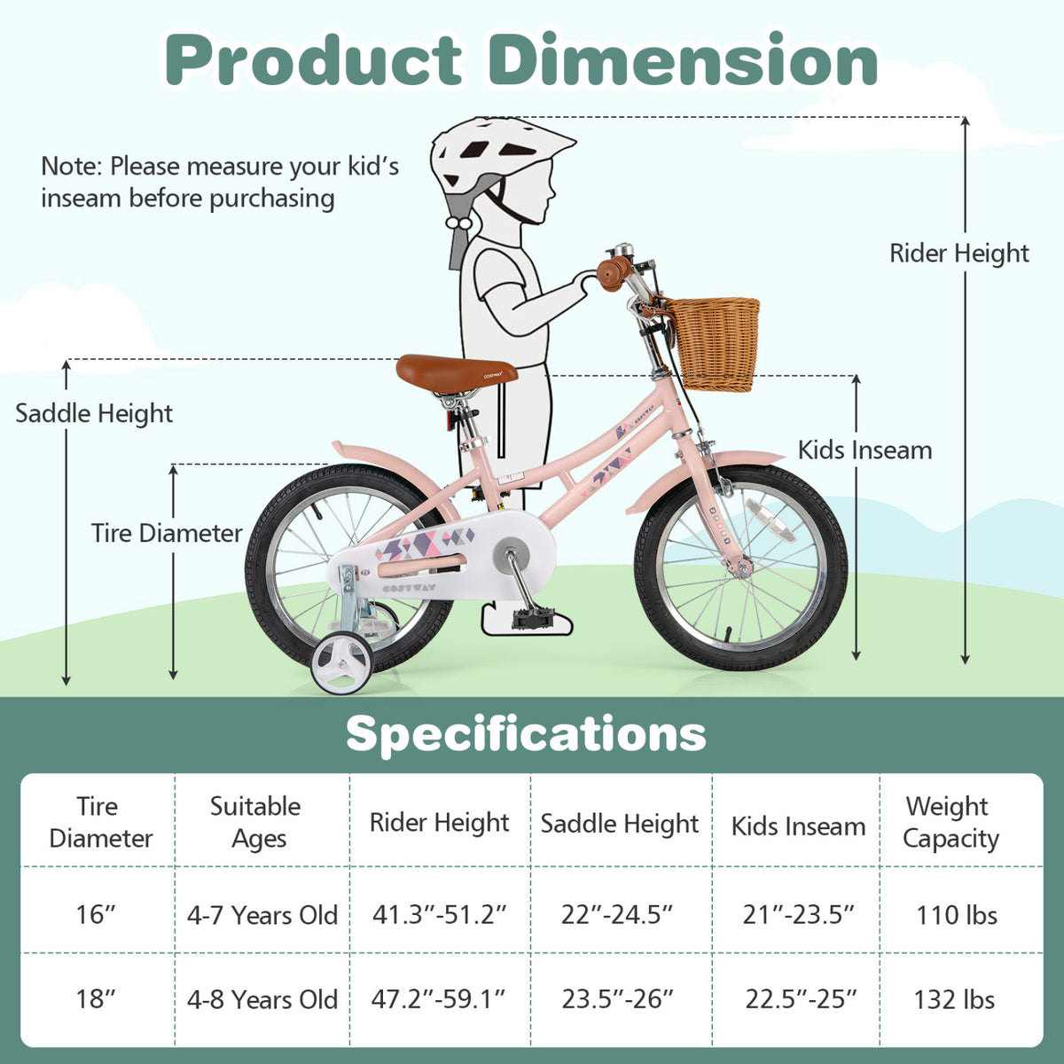 Kids Retro Bicycle with Training Wheels, Basket, and Adjustable Seat-Kids Bike-DECOROLALA