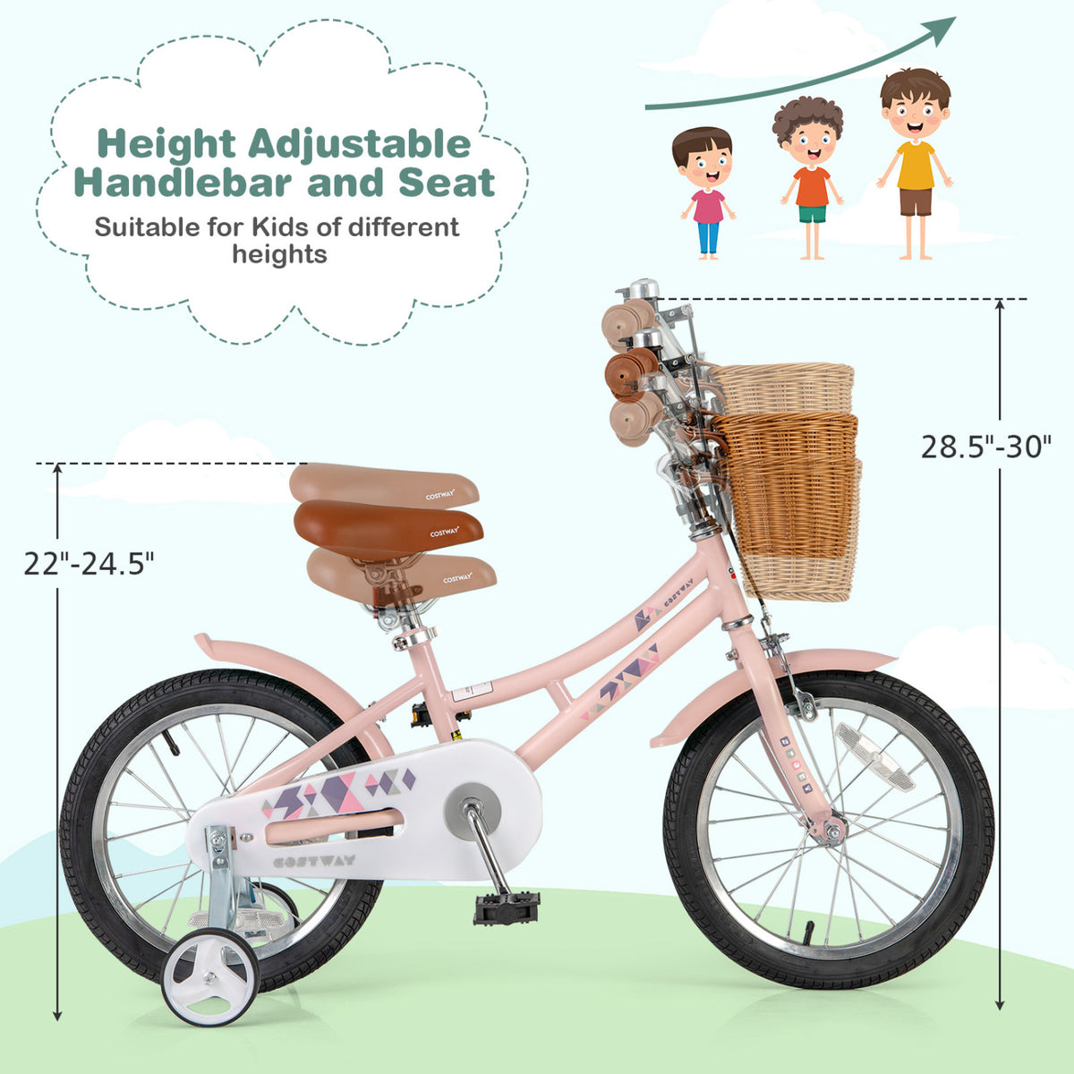Kids Retro Bicycle with Training Wheels, Basket, and Adjustable Seat-Kids Bike-DECOROLALA