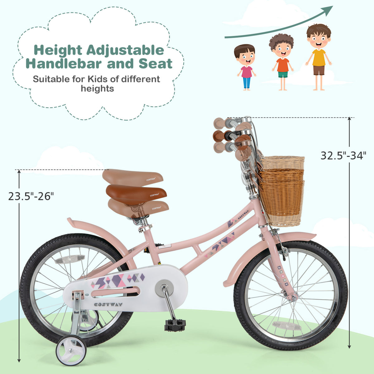 Kids Retro Bicycle with Training Wheels, Basket, and Adjustable Seat-Kids Bike-DECOROLALA