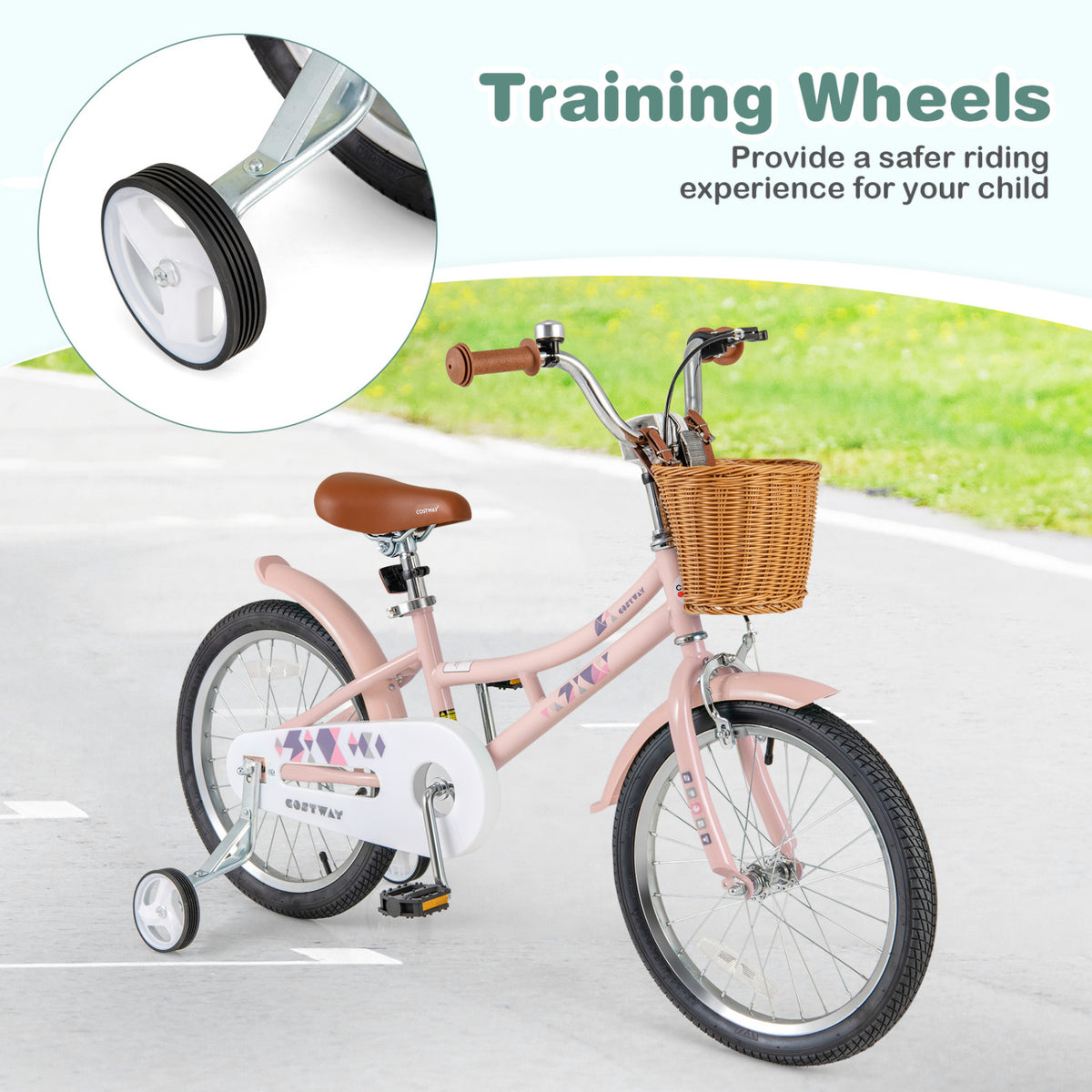 Kids Retro Bicycle with Training Wheels, Basket, and Adjustable Seat-Kids Bike-DECOROLALA