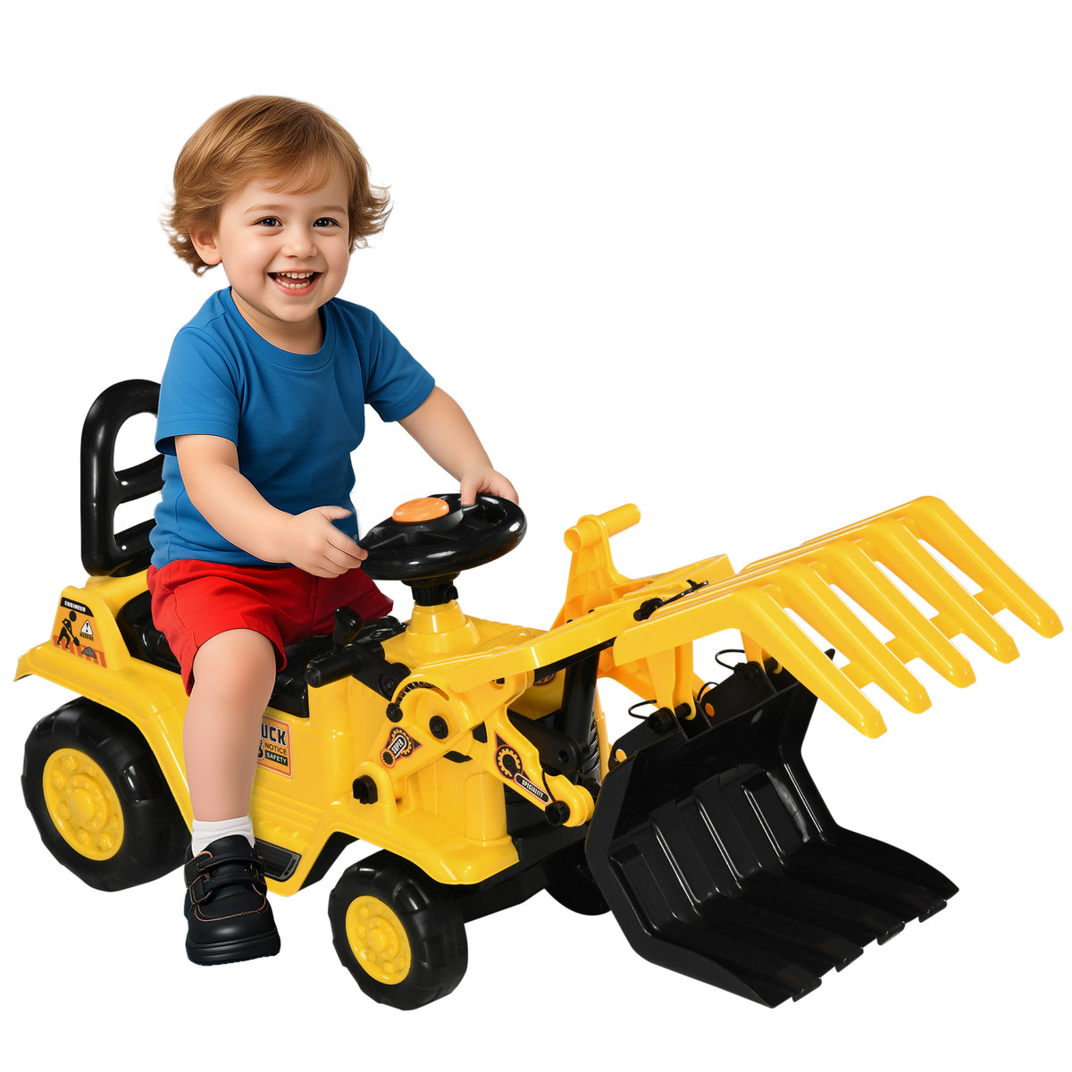 Ride On Excavator Toy No Power Digger with Realistic Sound Grabber Storage, for 2-4 Years Old, 32.7"x10.6"x15.4", Yellow-Toys & Games > Baby & Toddler Toys > Riding & Rocking Toys > Toy Excavators-DECOROLALA