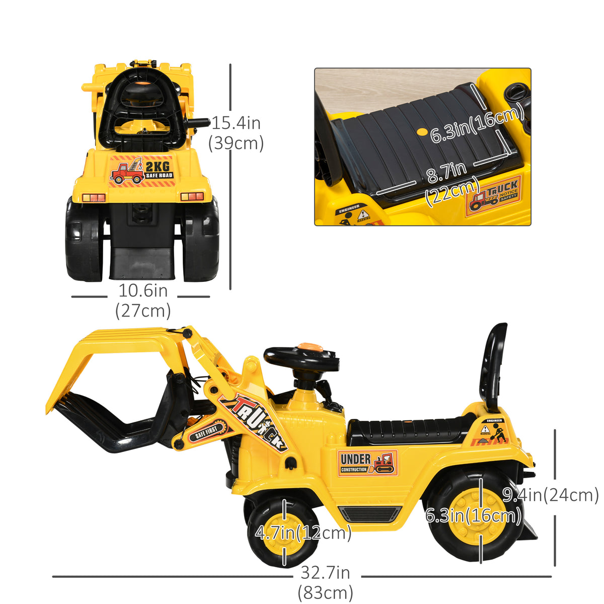 Ride On Excavator Toy No Power Digger with Realistic Sound Grabber Storage, for 2-4 Years Old, 32.7"x10.6"x15.4", Yellow-Toys & Games > Baby & Toddler Toys > Riding & Rocking Toys > Toy Excavators-DECOROLALA