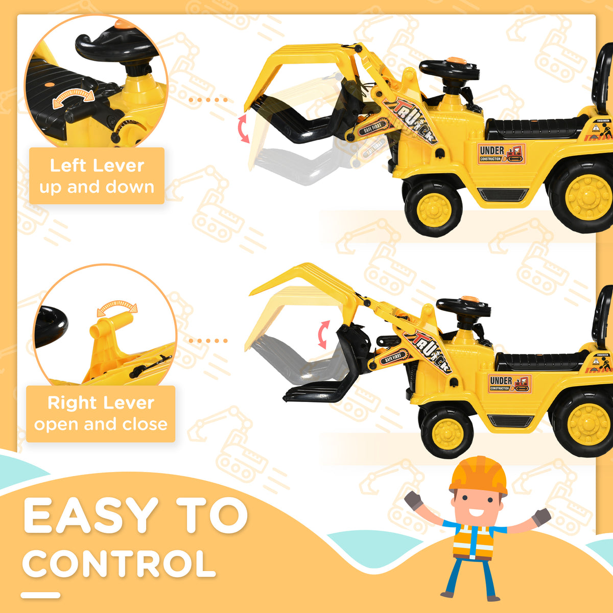 Ride On Excavator Toy No Power Digger with Realistic Sound Grabber Storage, for 2-4 Years Old, 32.7"x10.6"x15.4", Yellow-Toys & Games > Baby & Toddler Toys > Riding & Rocking Toys > Toy Excavators-DECOROLALA