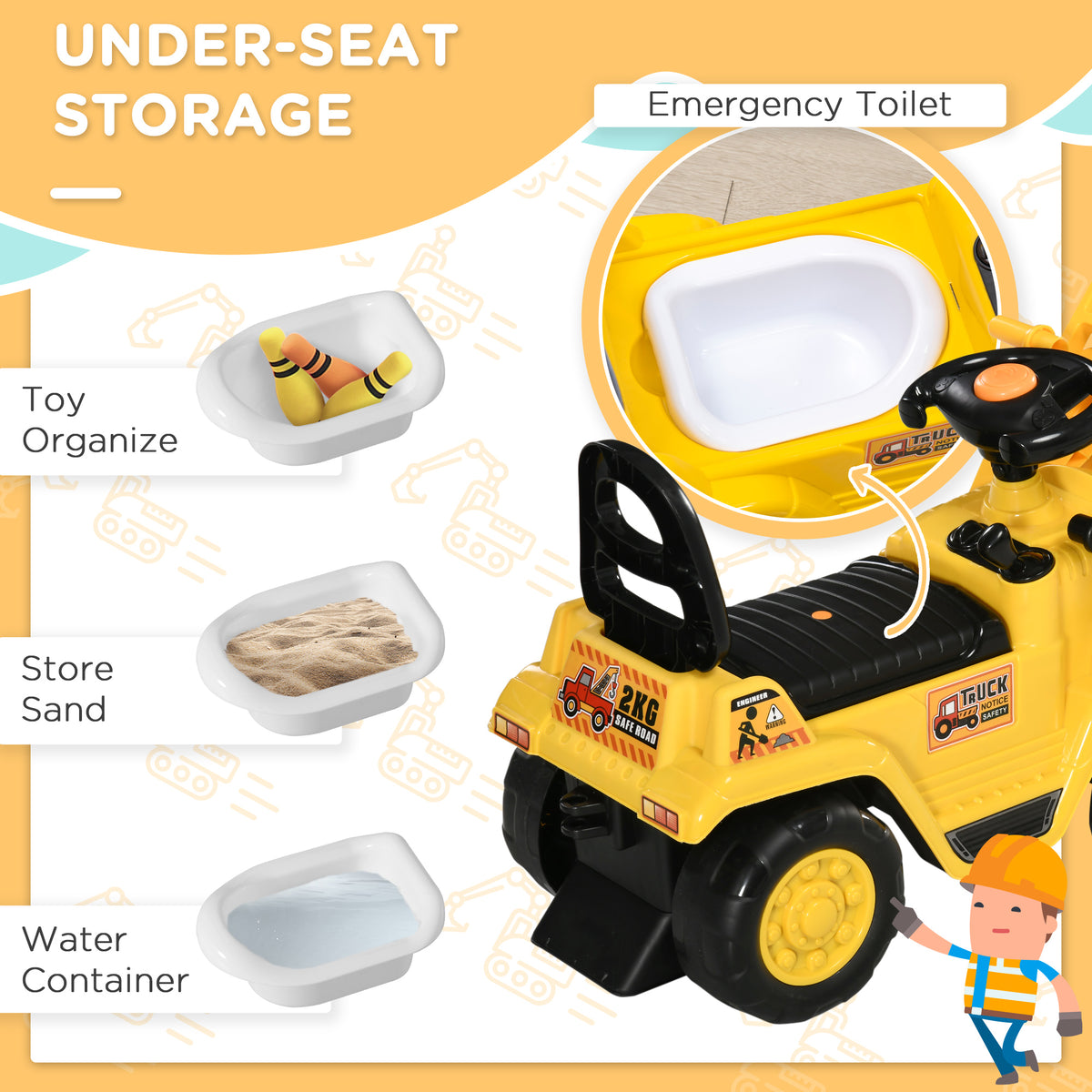 Ride On Excavator Toy No Power Digger with Realistic Sound Grabber Storage, for 2-4 Years Old, 32.7"x10.6"x15.4", Yellow-Toys & Games > Baby & Toddler Toys > Riding & Rocking Toys > Toy Excavators-DECOROLALA