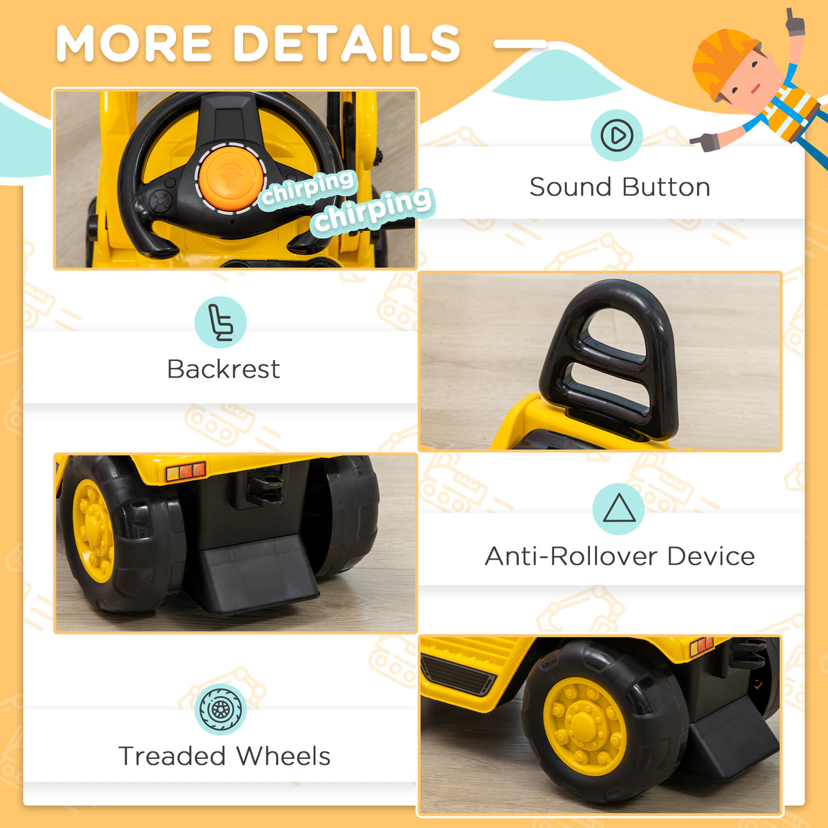 Ride On Excavator Toy No Power Digger with Realistic Sound Grabber Storage, for 2-4 Years Old, 32.7"x10.6"x15.4", Yellow-Toys & Games > Baby & Toddler Toys > Riding & Rocking Toys > Toy Excavators-DECOROLALA